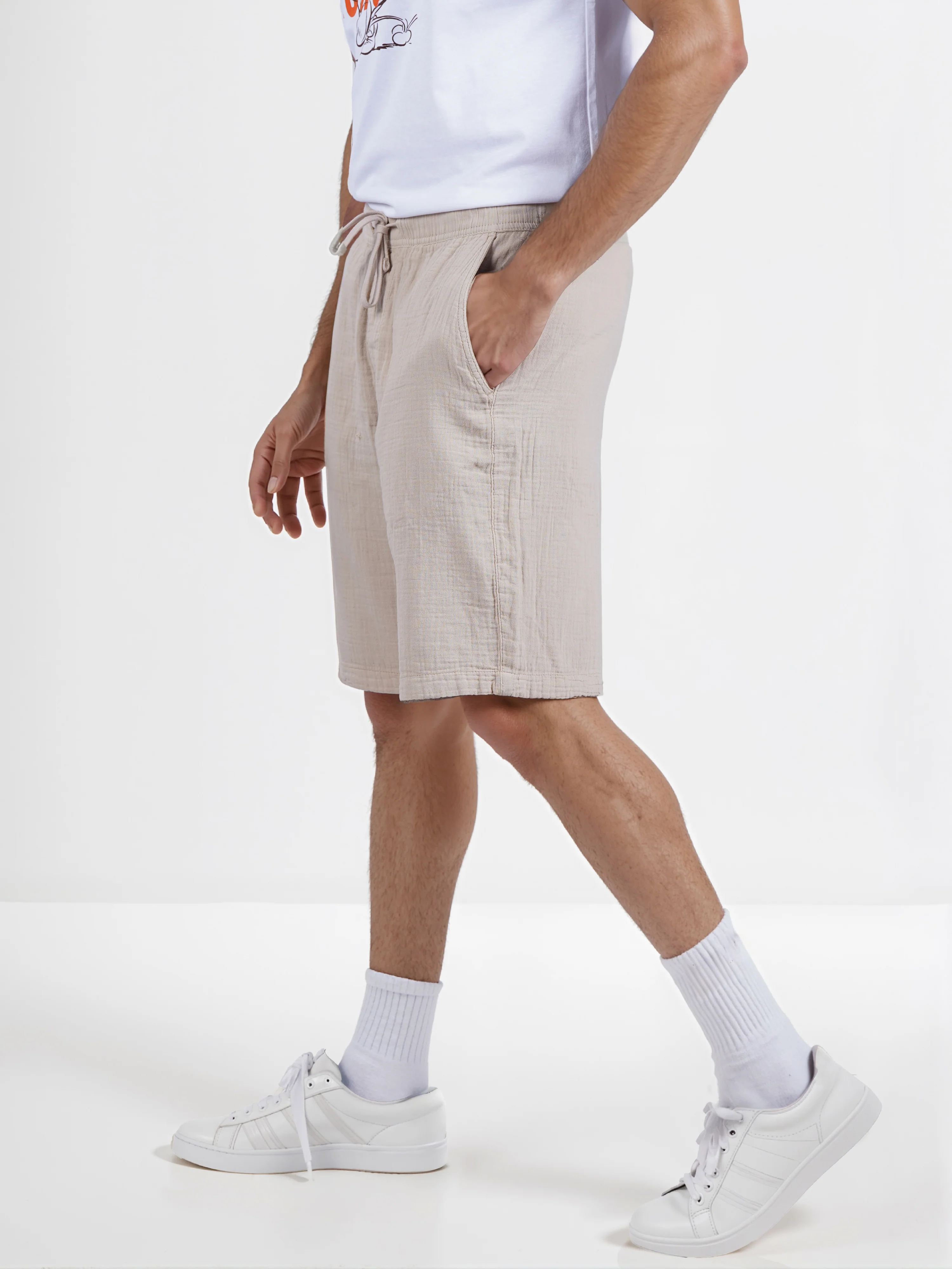 Celio* Men Beige Solid Regular Fit Cotton Shorts - Image 3