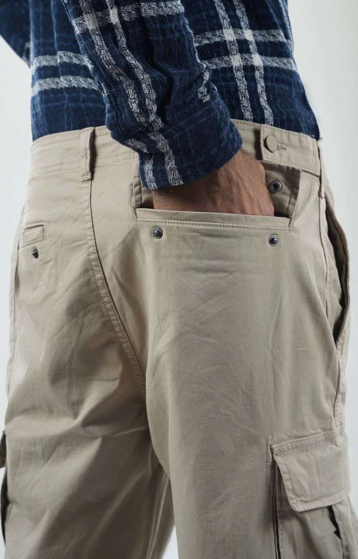 Celio Men Beige Solid Straight Fit Cotton Trousers - Image 5