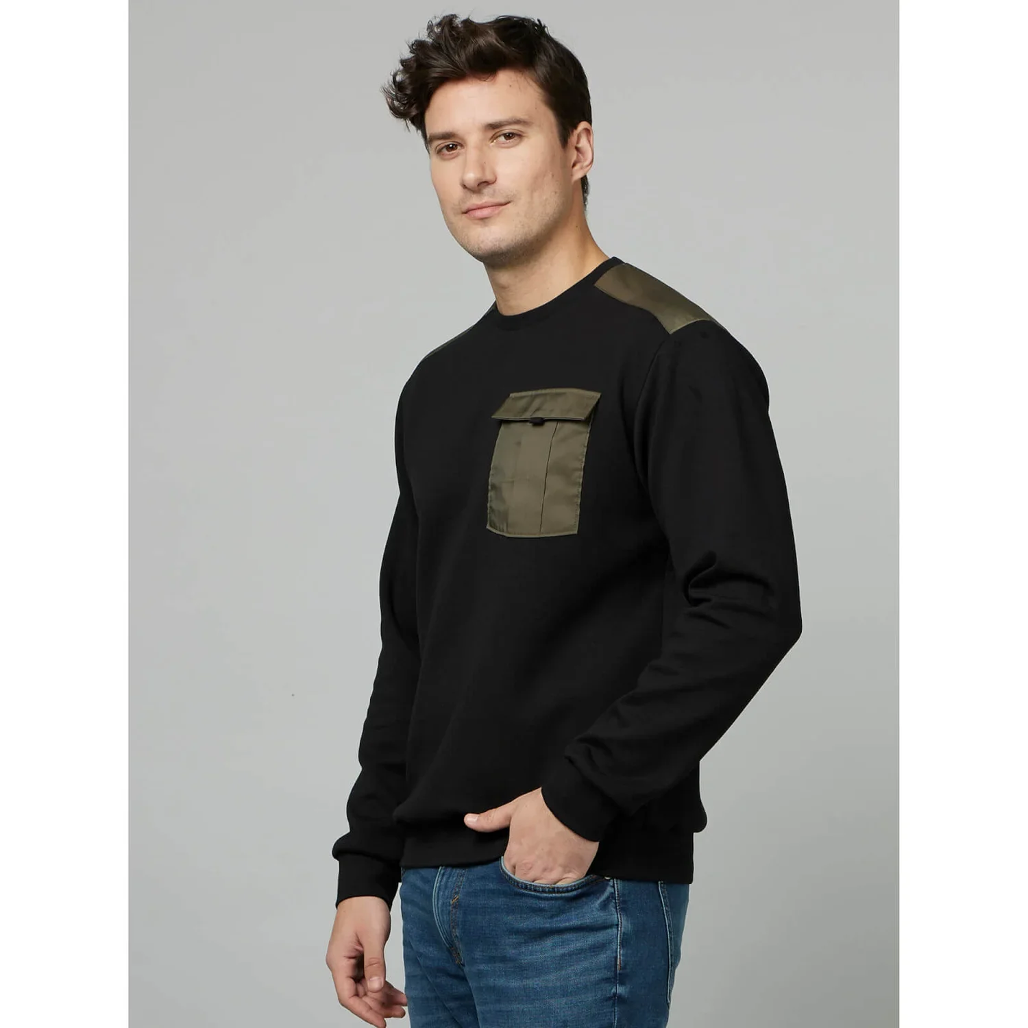 Celio* Solid Regular Fit Cotton-Blend Black Sweatshirt - Image 3