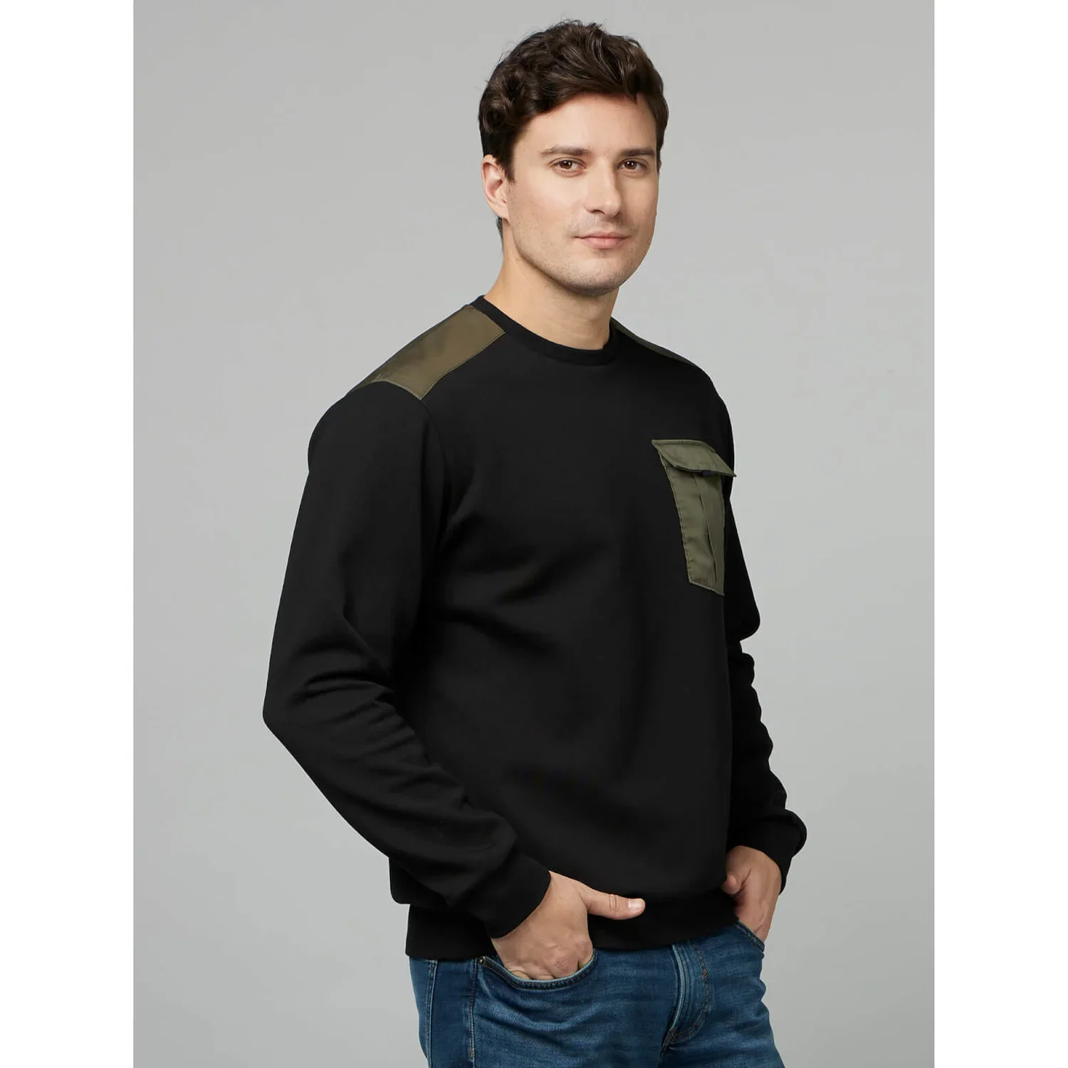Celio* Solid Regular Fit Cotton-Blend Black Sweatshirt - Image 5