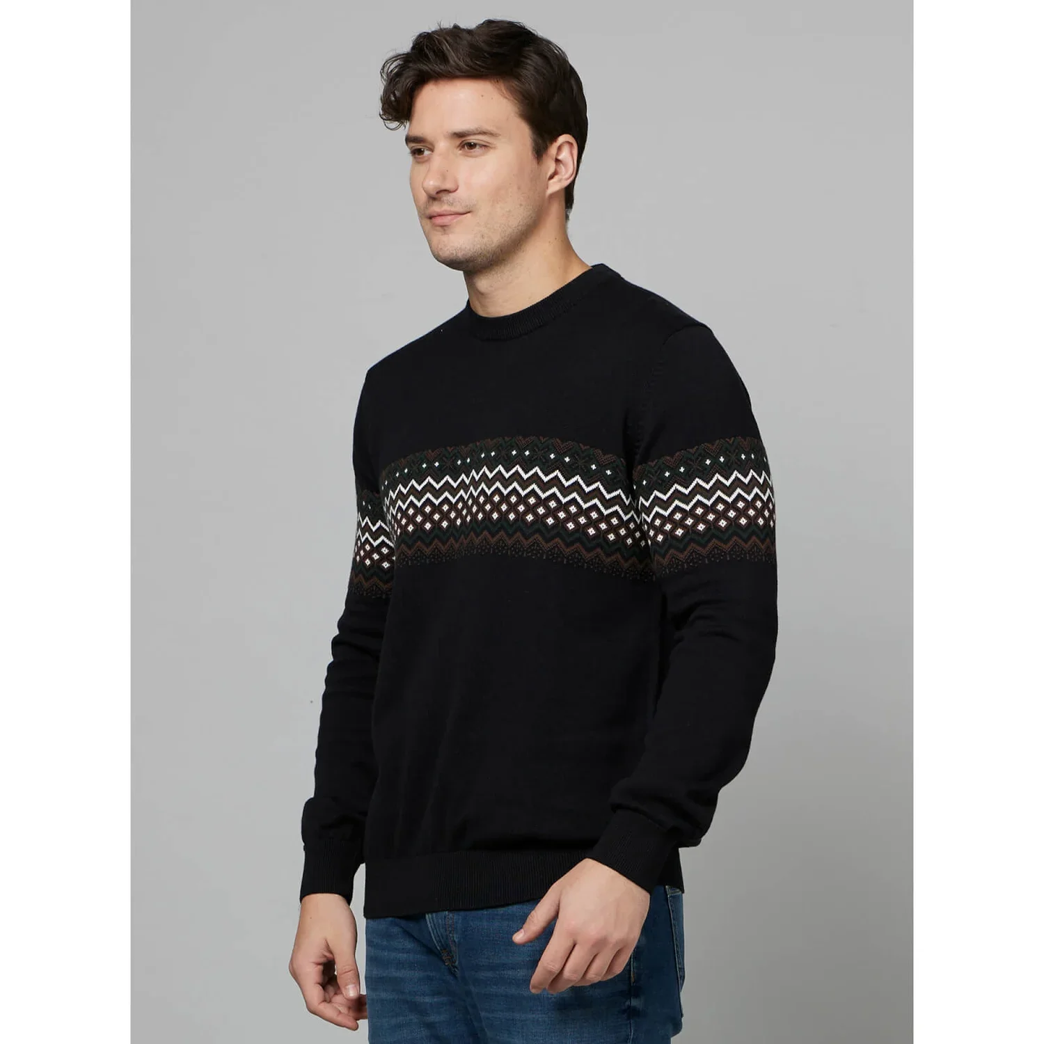 Celio* Geometric Regular Fit Cotton Black Sweater - Image 3