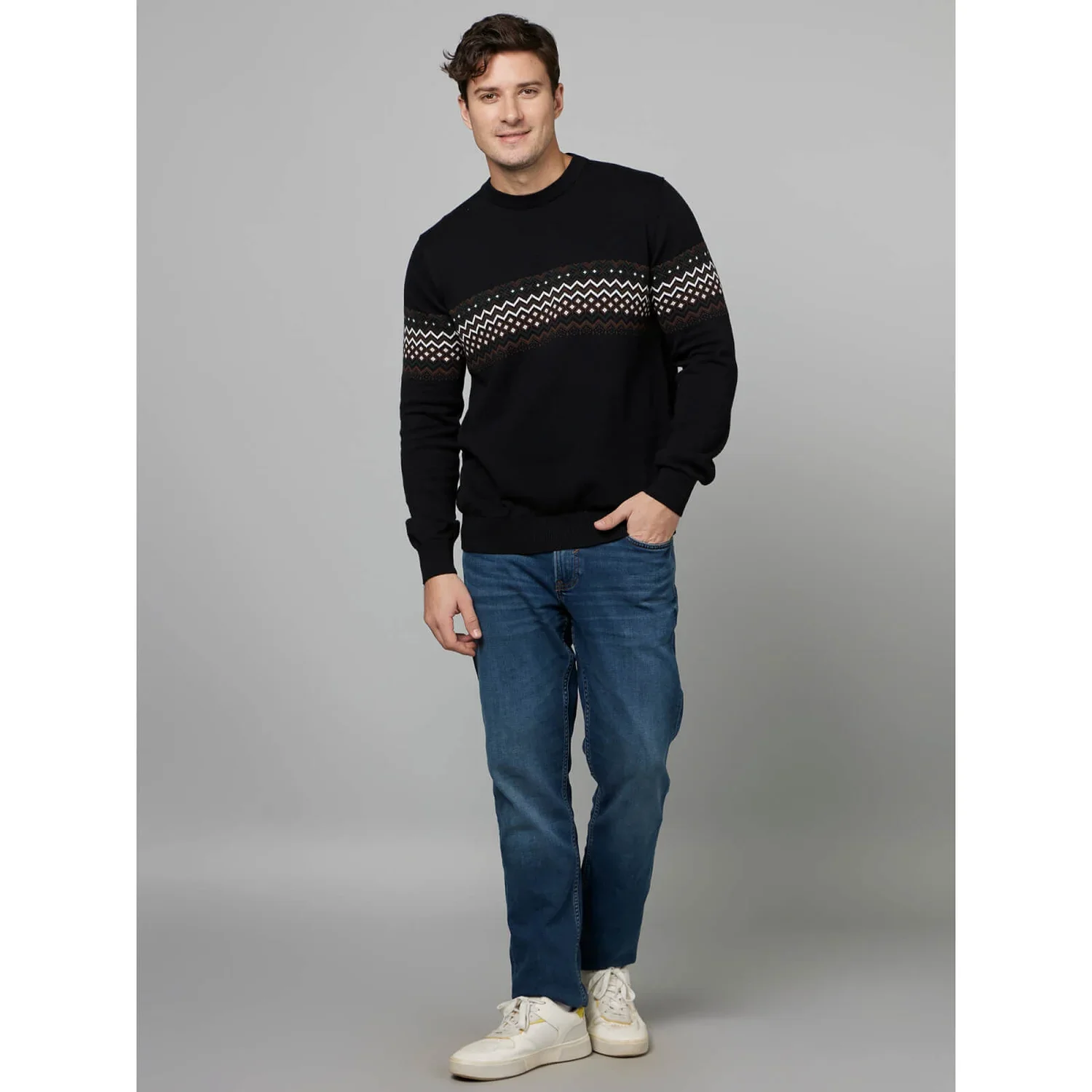 Celio* Geometric Regular Fit Cotton Black Sweater - Image 5