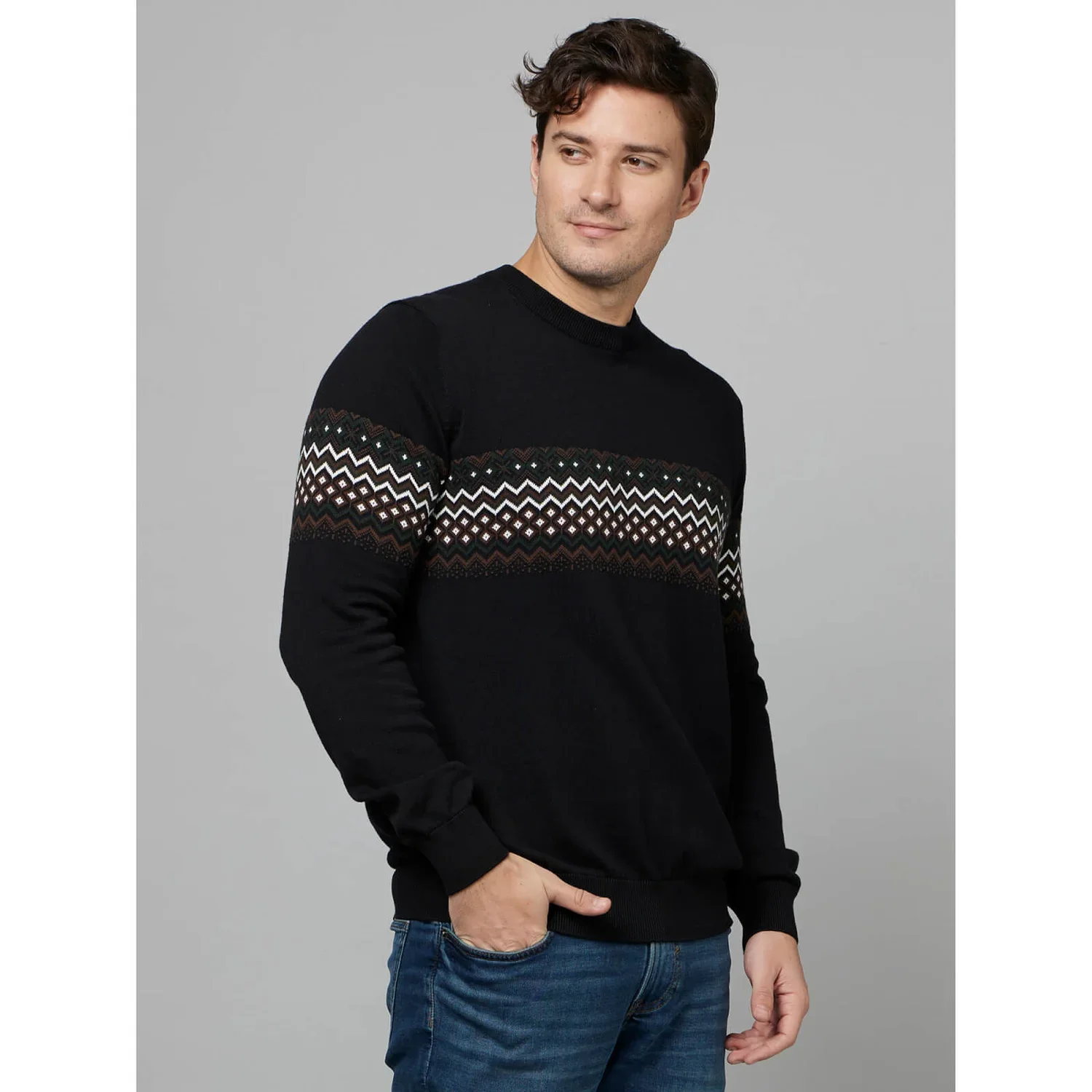 Celio* Geometric Regular Fit Cotton Black Sweater - Image 6