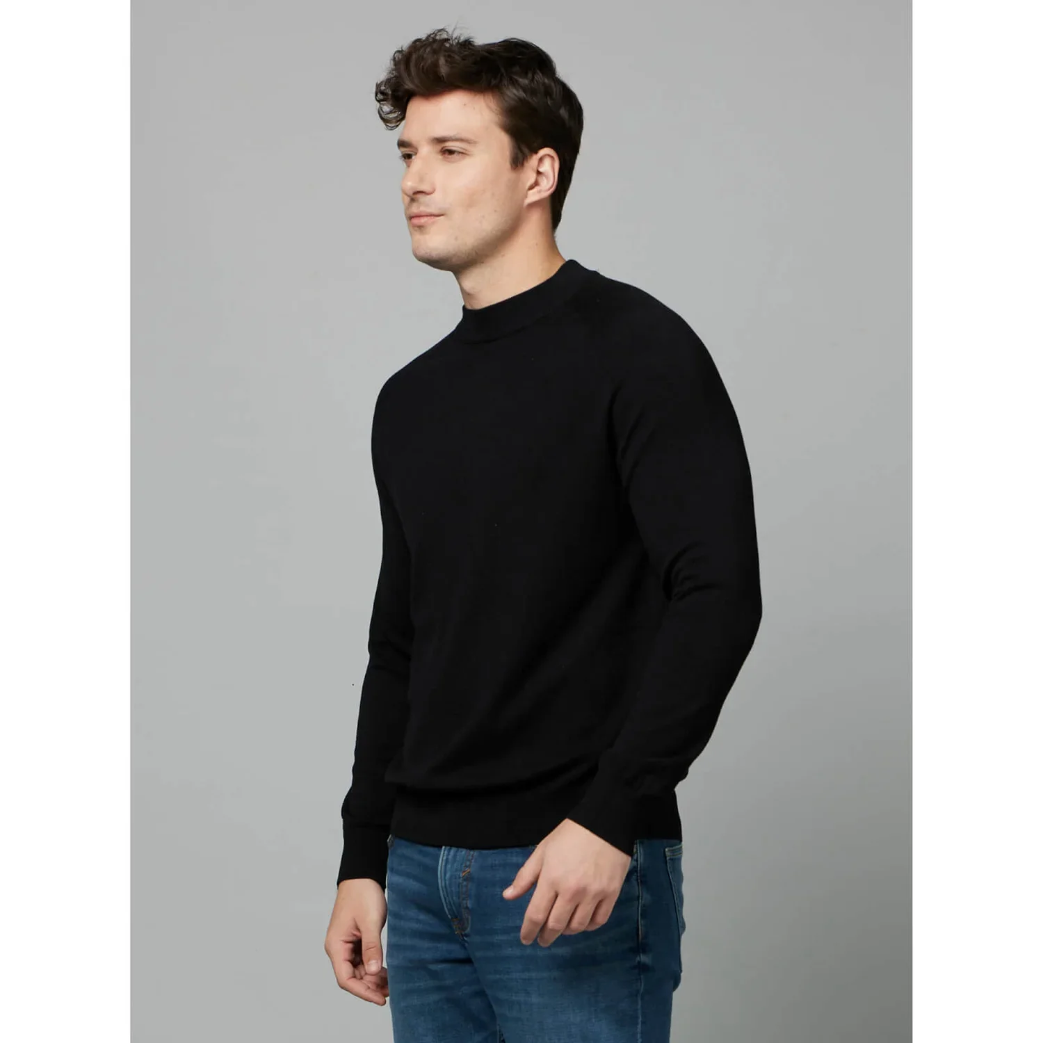 Celio* Solid Regular Fit Viscose-Blend Black Sweater - Image 3