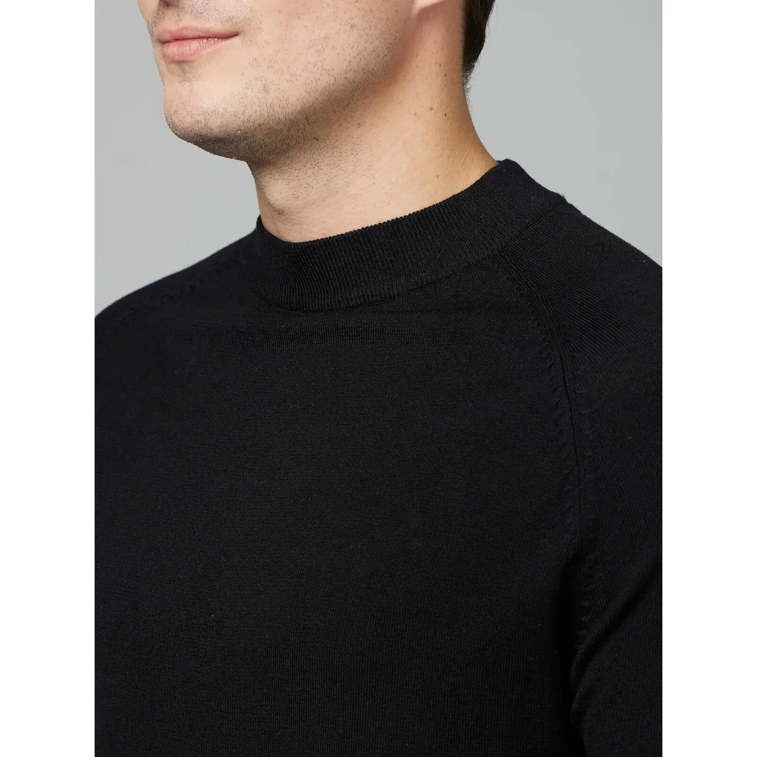 Celio* Solid Regular Fit Viscose-Blend Black Sweater - Image 4