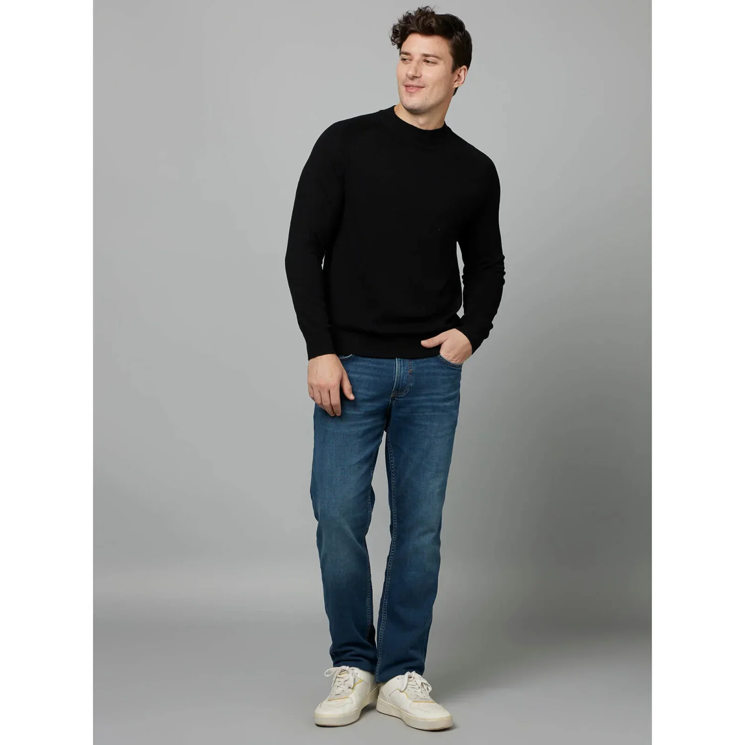 Celio* Solid Regular Fit Viscose-Blend Black Sweater - Image 5