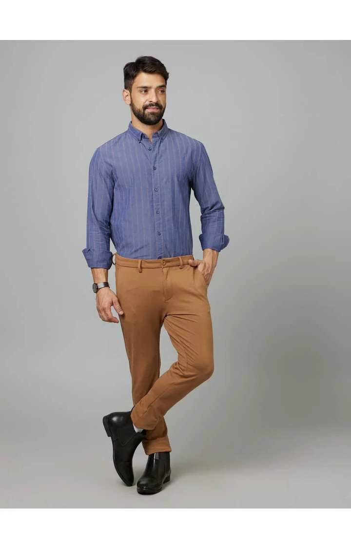 Celio Men Brown Solid Slim Fit Cotton Trousers - Image 4