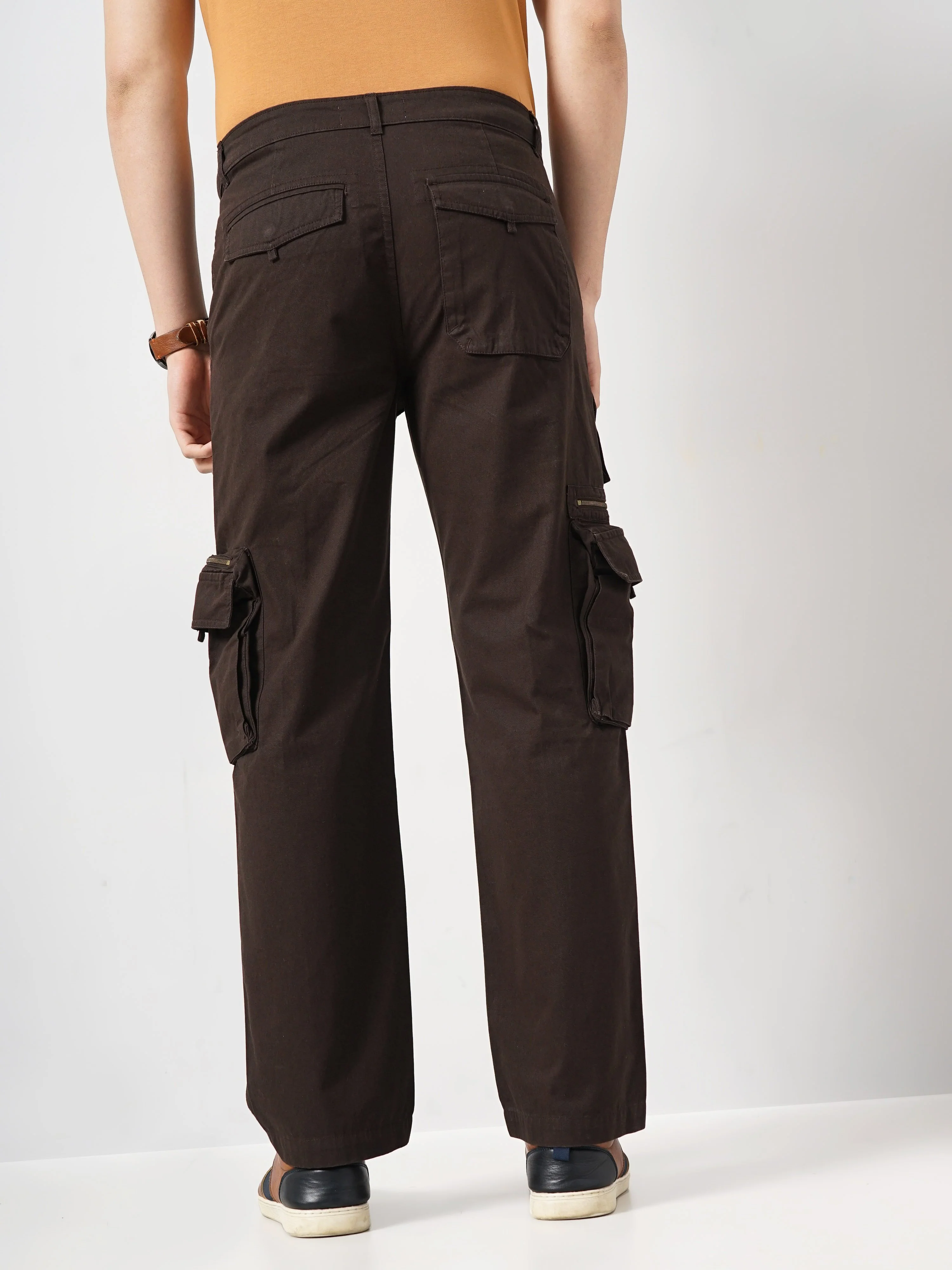 Celio* Men Brown Solid Straight Fit Cotton Trousers - Image 3