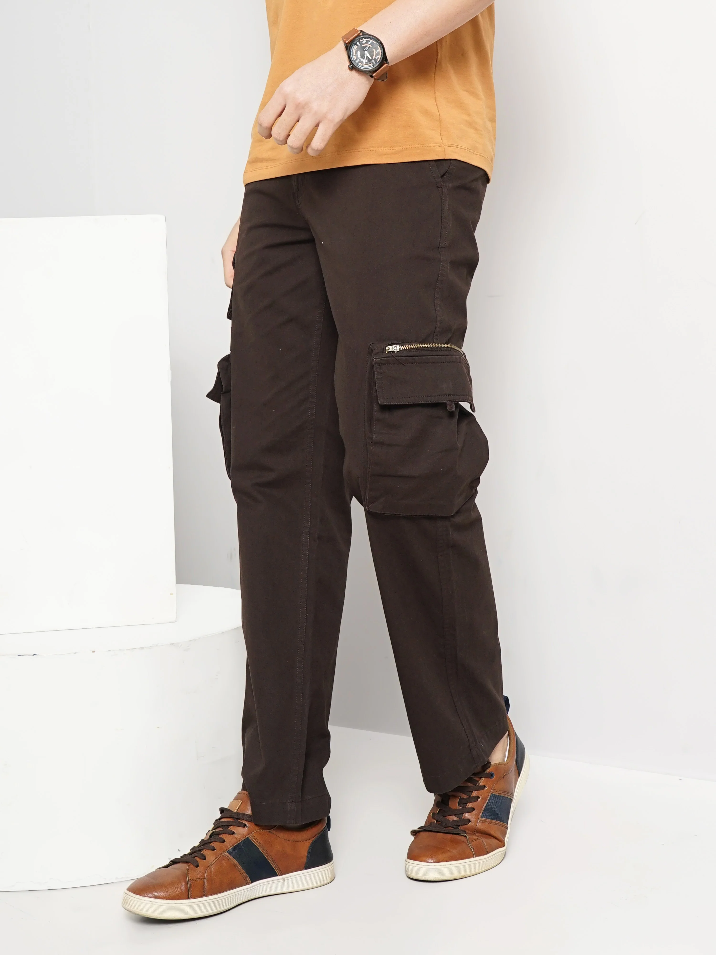 Celio* Men Brown Solid Straight Fit Cotton Trousers - Image 6