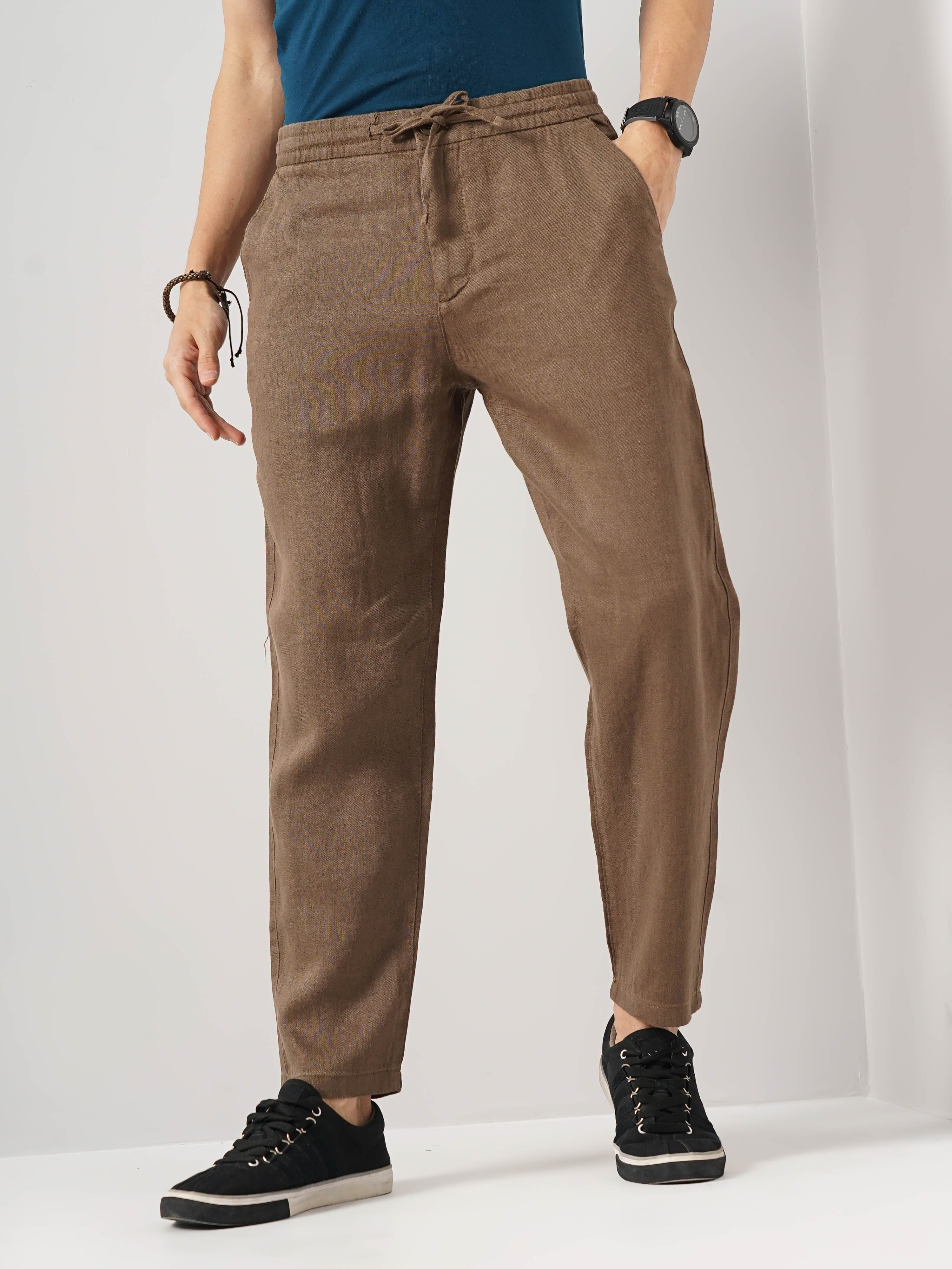 Celio* Linen Relaxed Fit Brown Trouser - Image 6