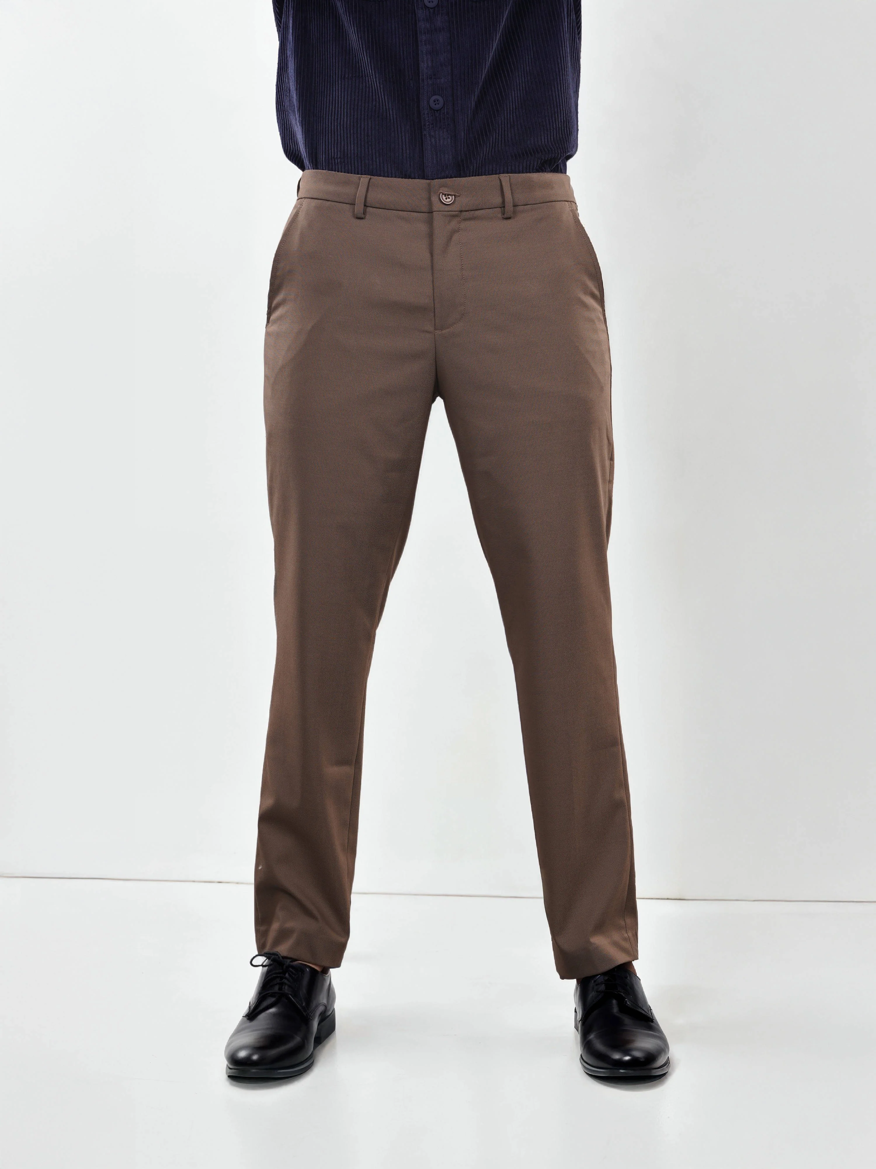 Celio Men Brown Solid Slim Fit Polyester Trousers - Image 3