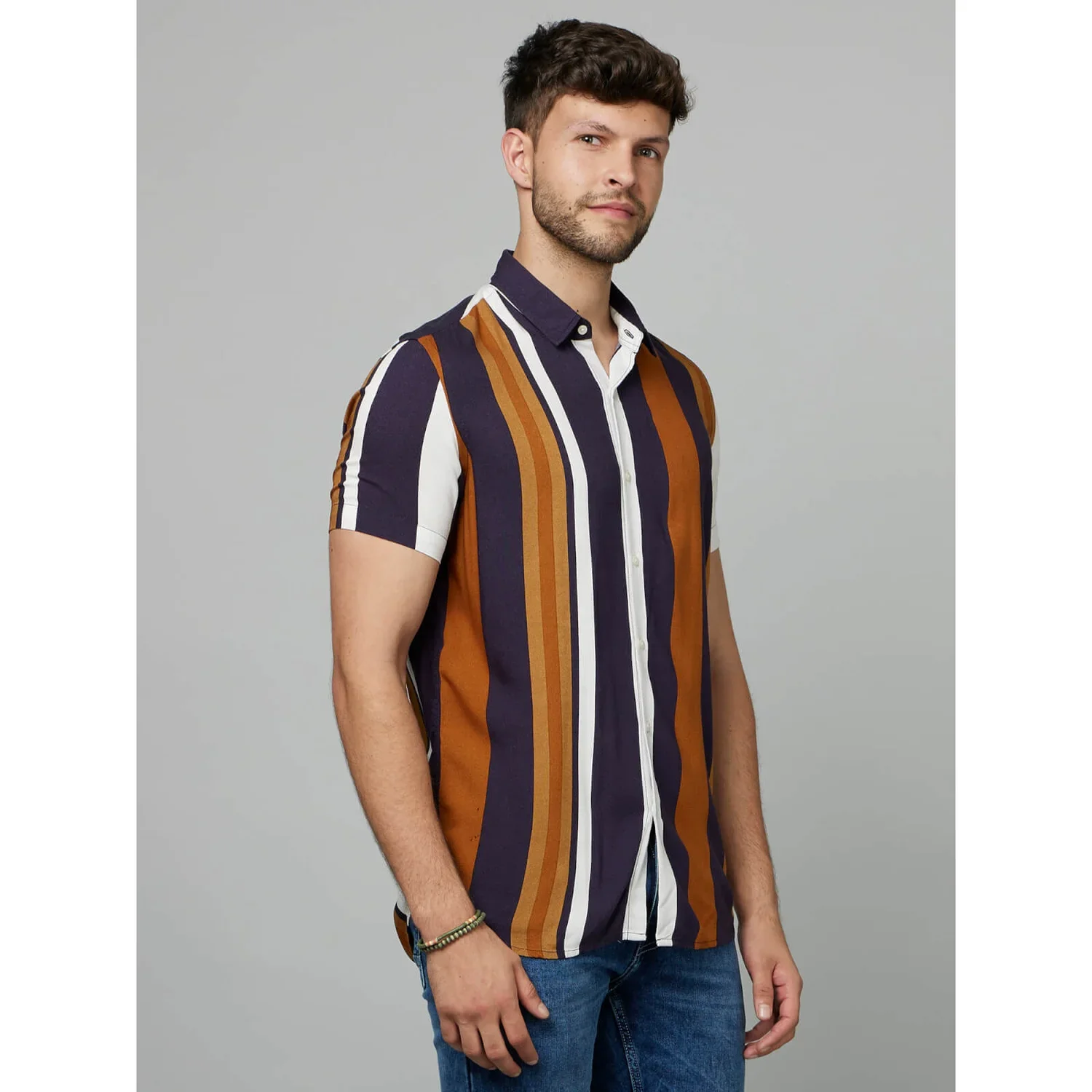 Celio* Striped Regular Fit Viscose Mustard Shirts - Image 3