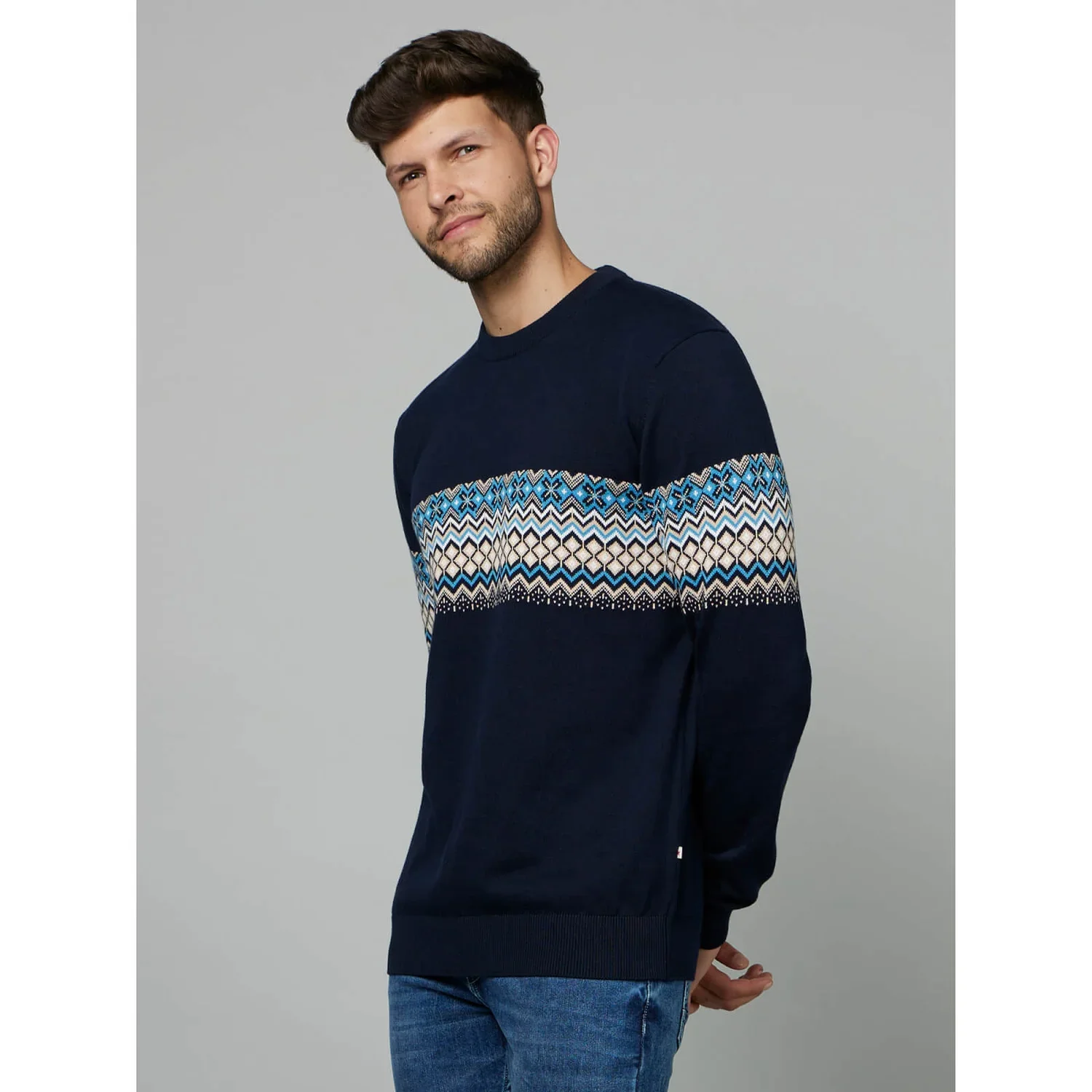 Celio* Geometric Regular Fit Cotton Navy Blue Sweater - Image 3