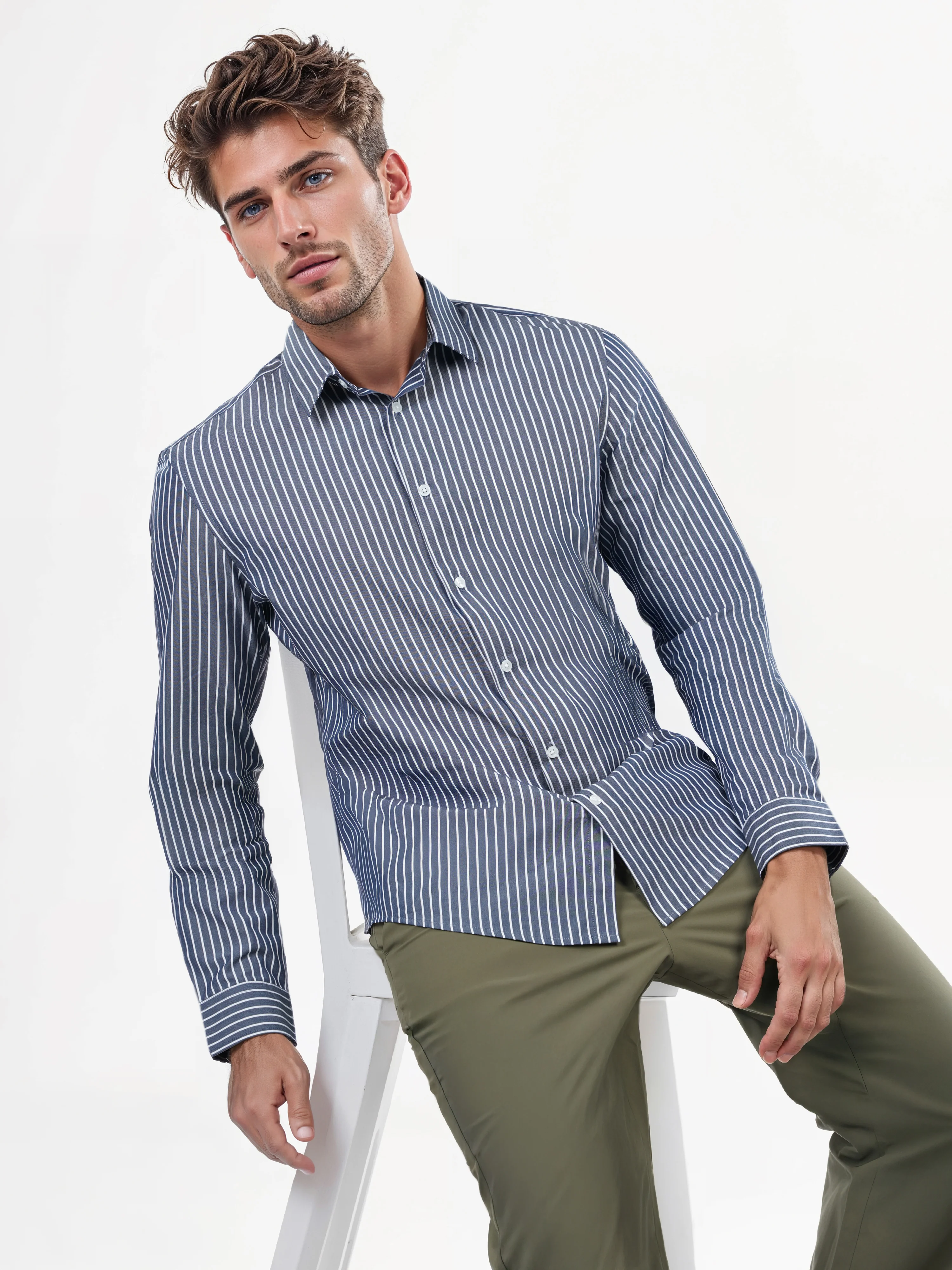 Celio* Striped Regular Fit Cotton Navy Blue Shirts - Image 10