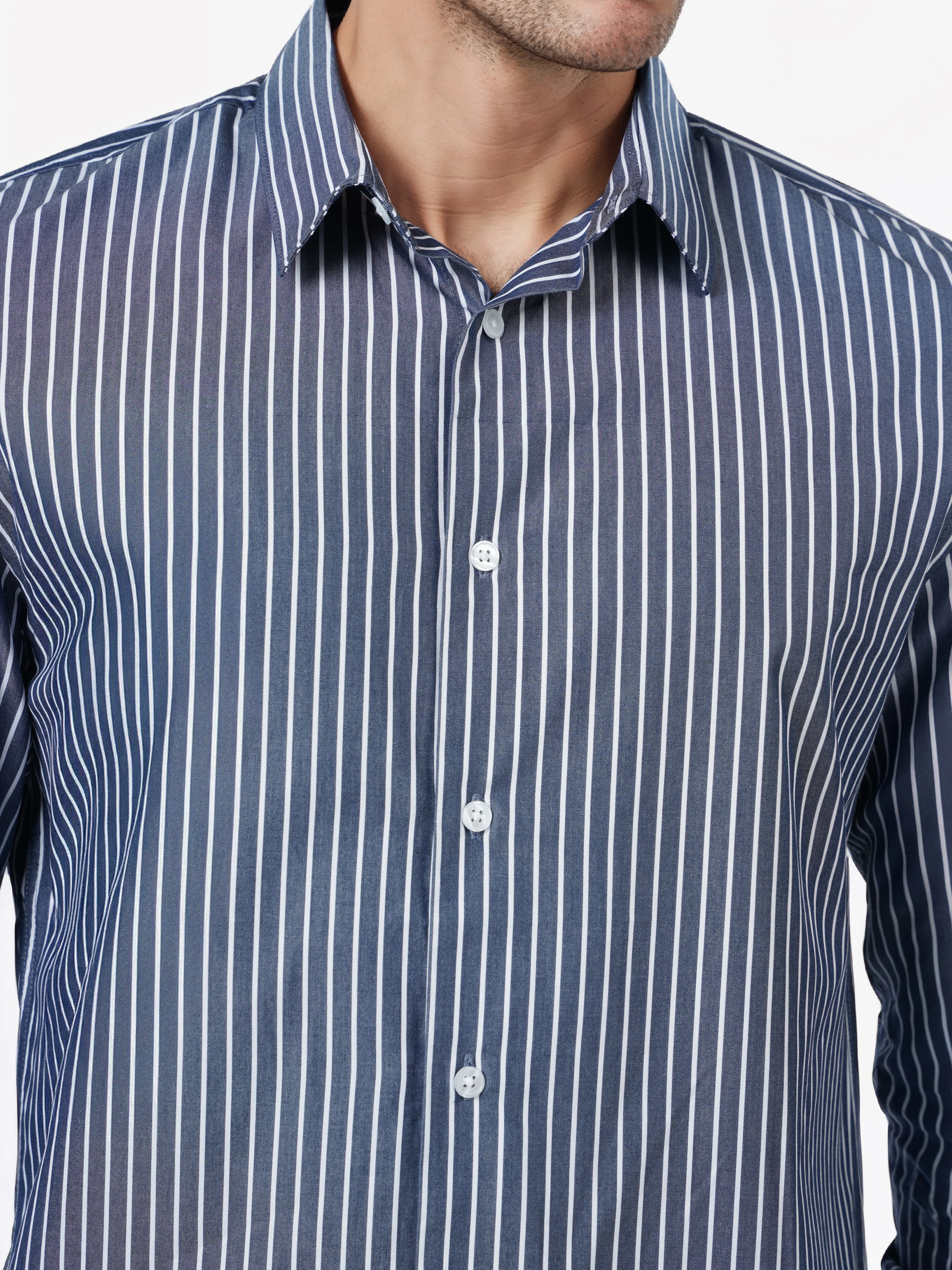Celio* Striped Regular Fit Cotton Navy Blue Shirts - Image 4