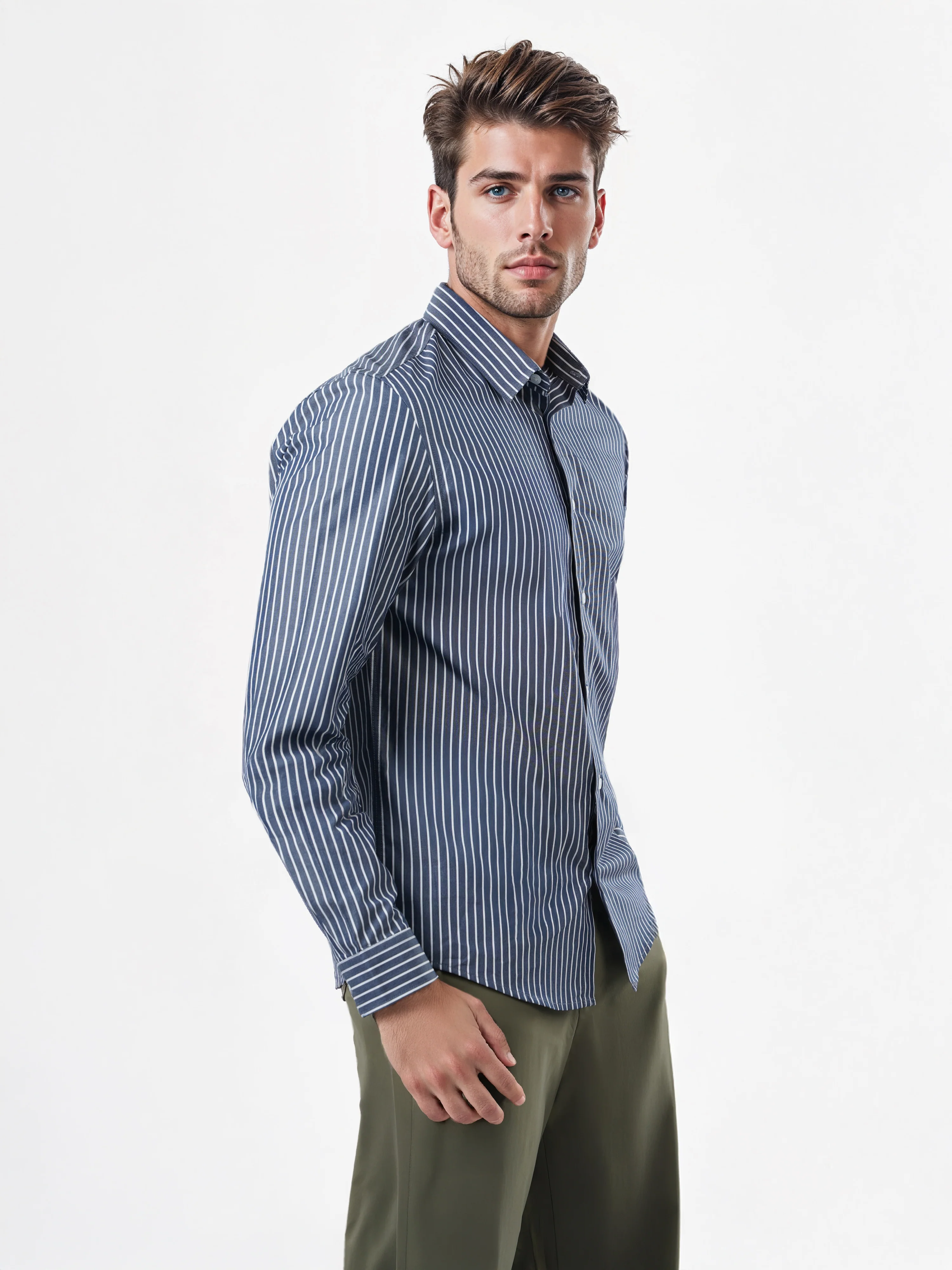 Celio* Striped Regular Fit Cotton Navy Blue Shirts - Image 6