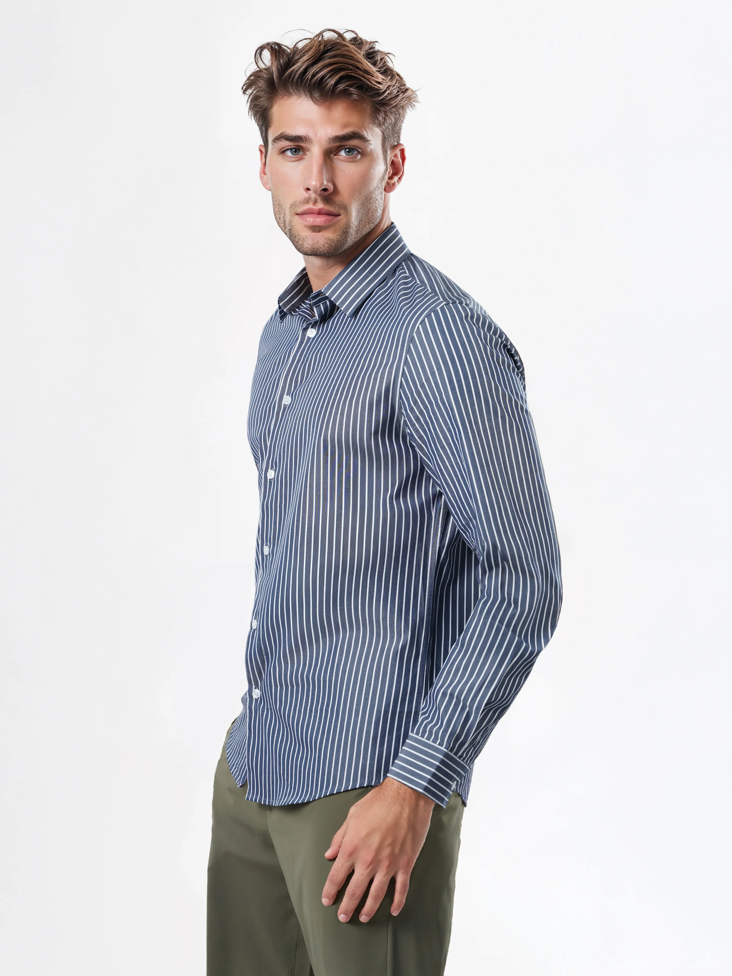 Celio* Striped Regular Fit Cotton Navy Blue Shirts - Image 7