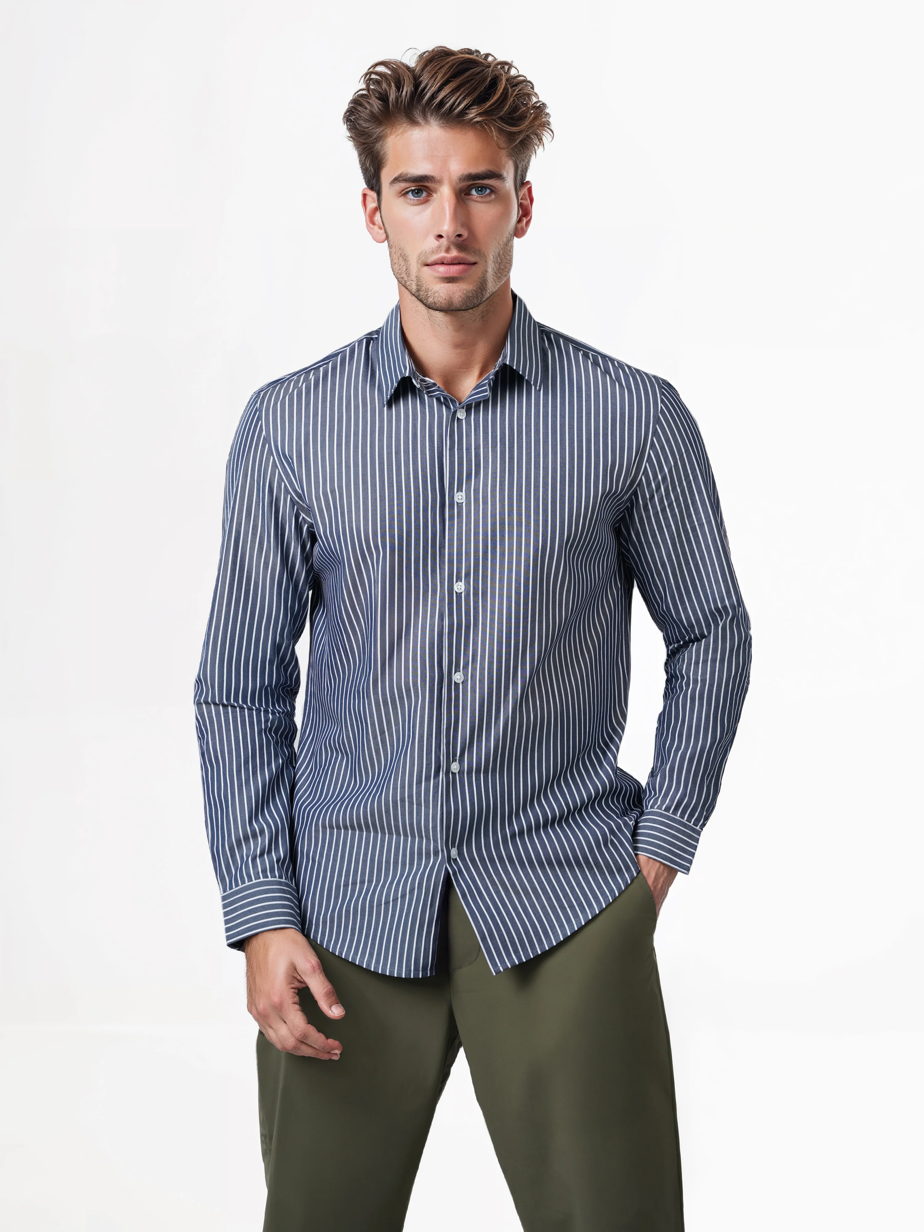 Celio* Striped Regular Fit Cotton Navy Blue Shirts - Image 8