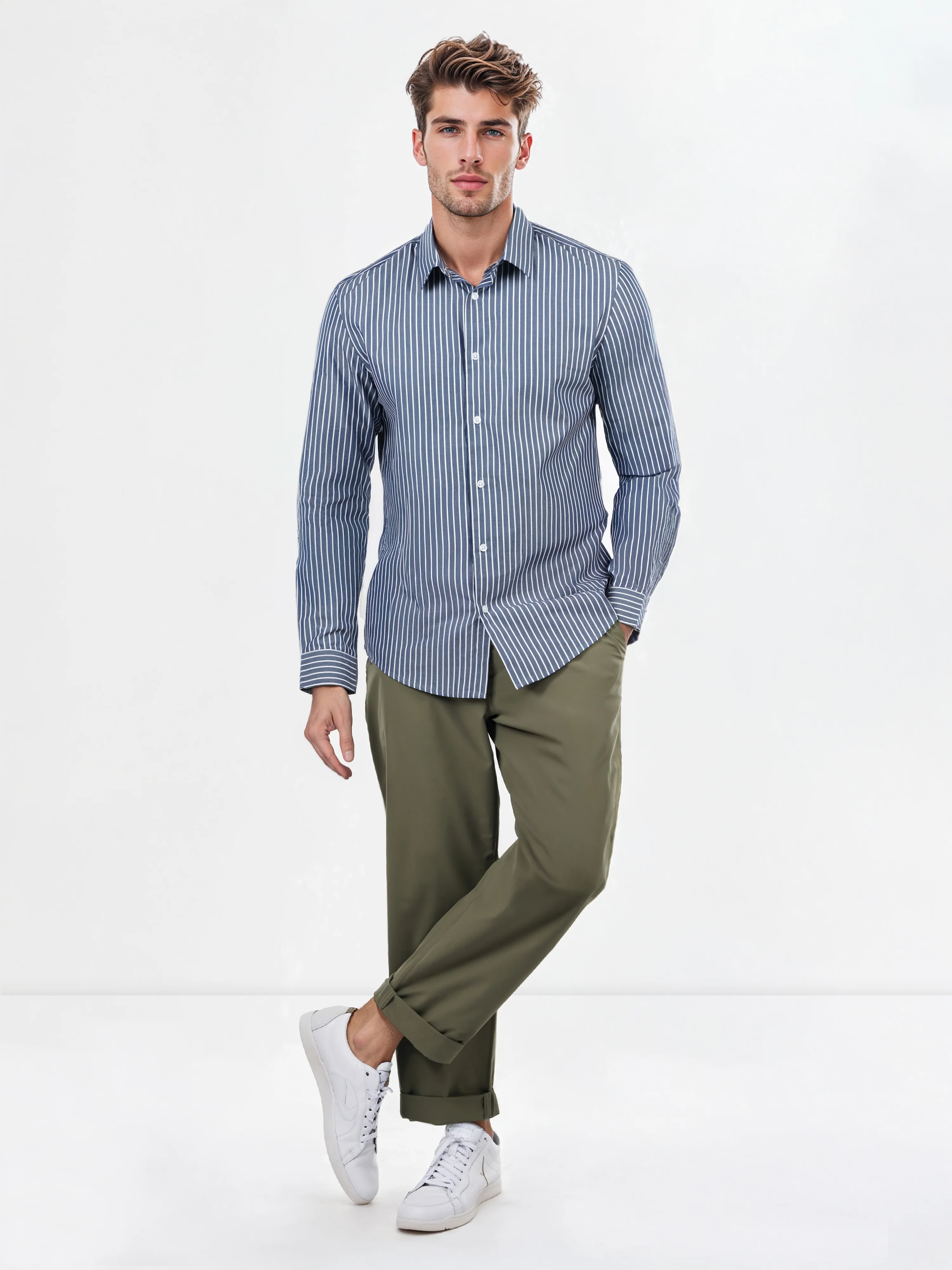 Celio* Striped Regular Fit Cotton Navy Blue Shirts - Image 9