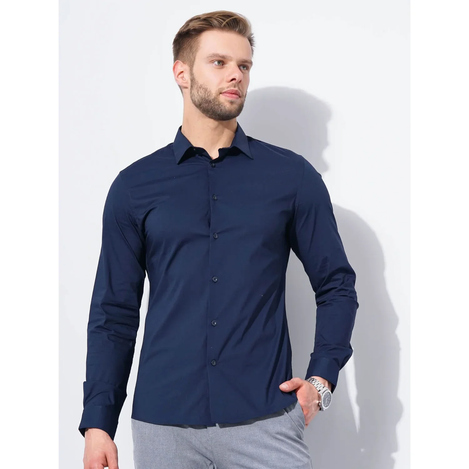Celio* Solid Regular Fit Workwear Navy Blue Formal Shirt - Image 8