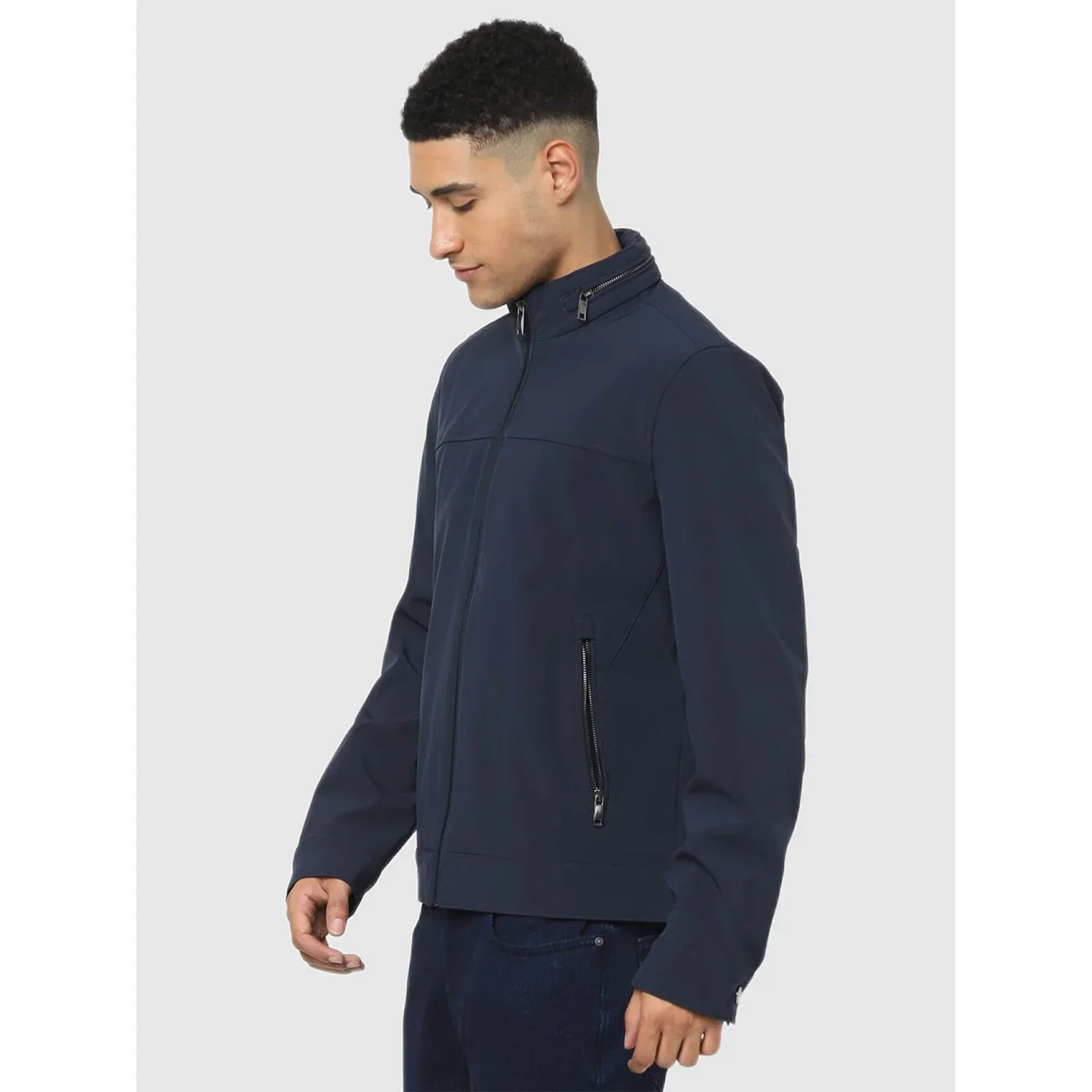 Celio* Solid Regular Fit Polyester-Blend Navy Blue Jacket - Image 3
