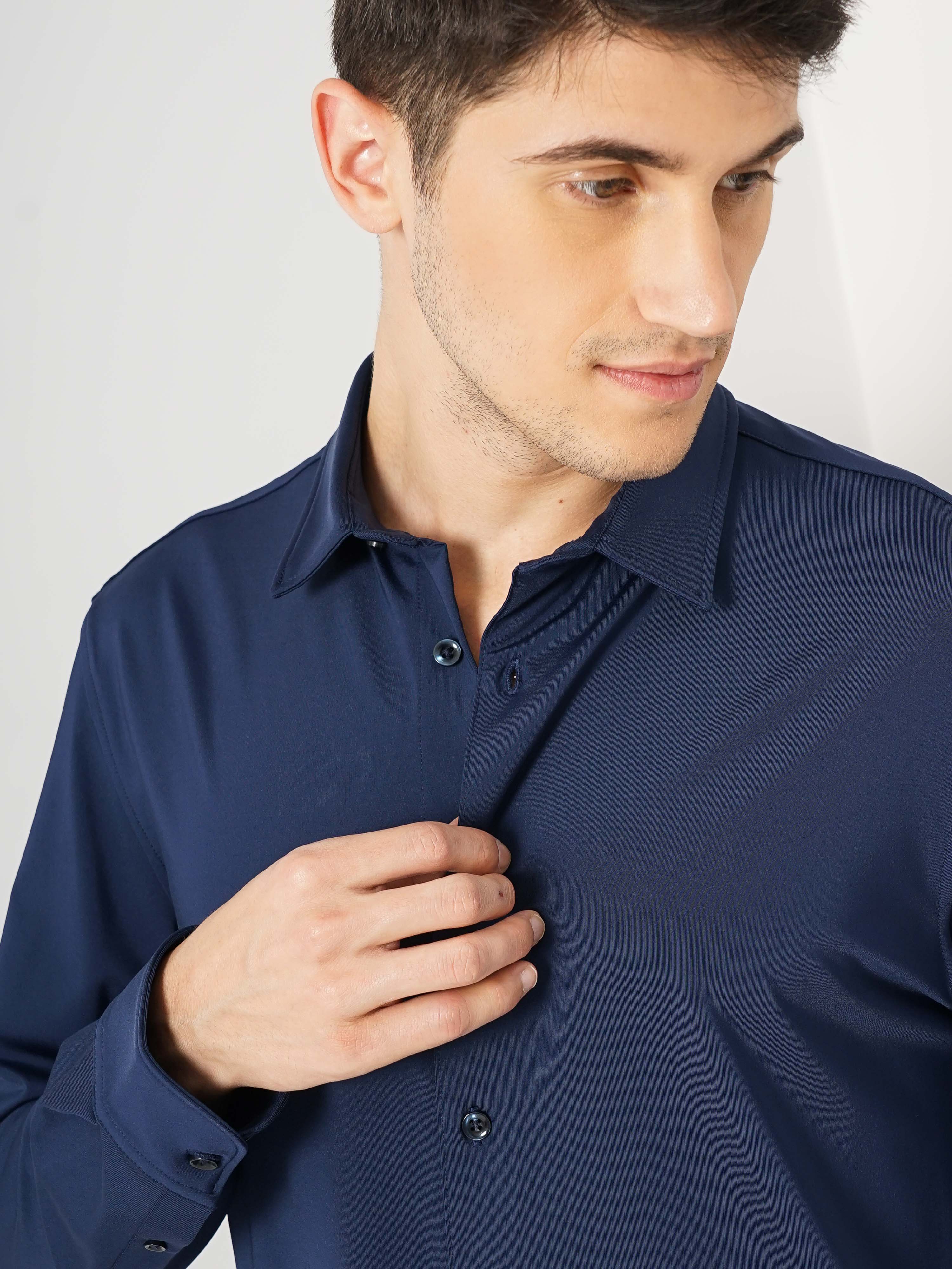 Celio* Solid Regular Fit Polyester Navy Blue Shirt - Image 4