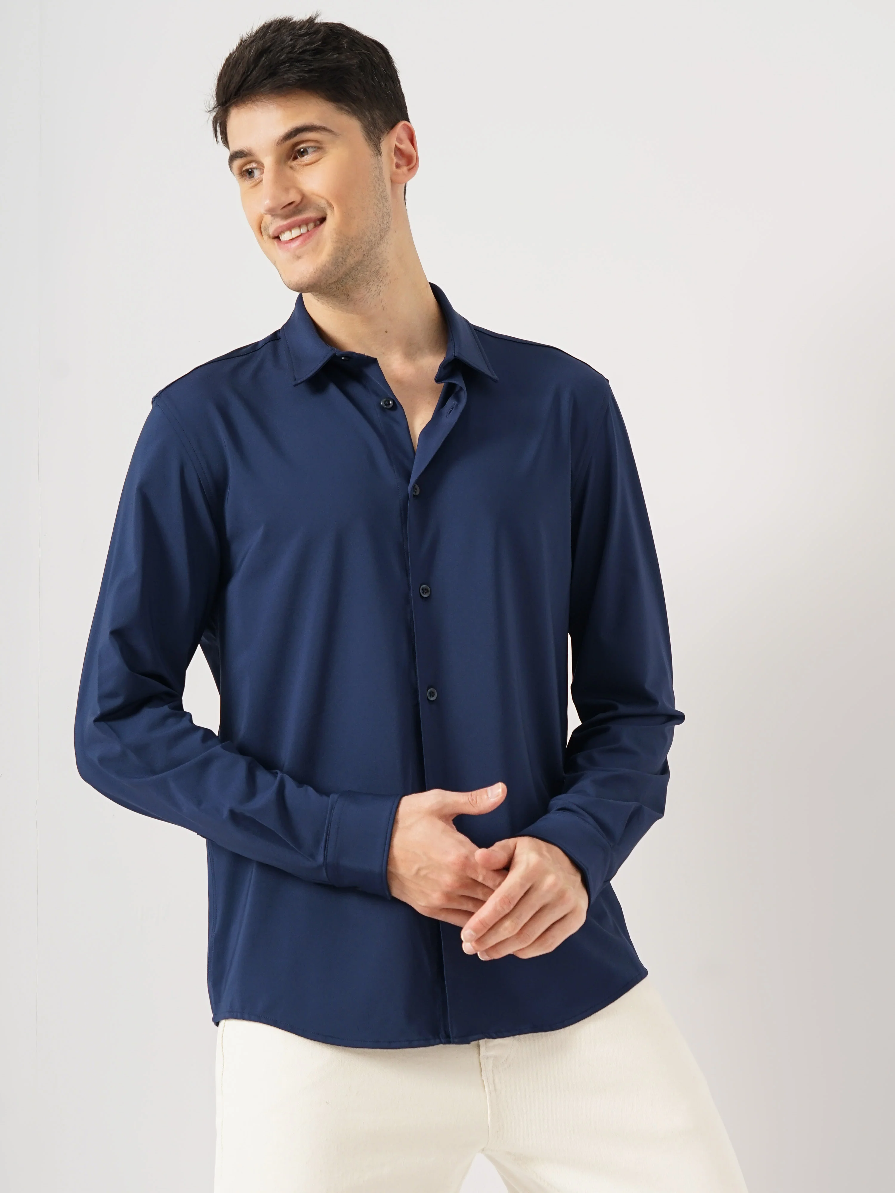 Celio* Solid Regular Fit Polyester Navy Blue Shirt - Image 6