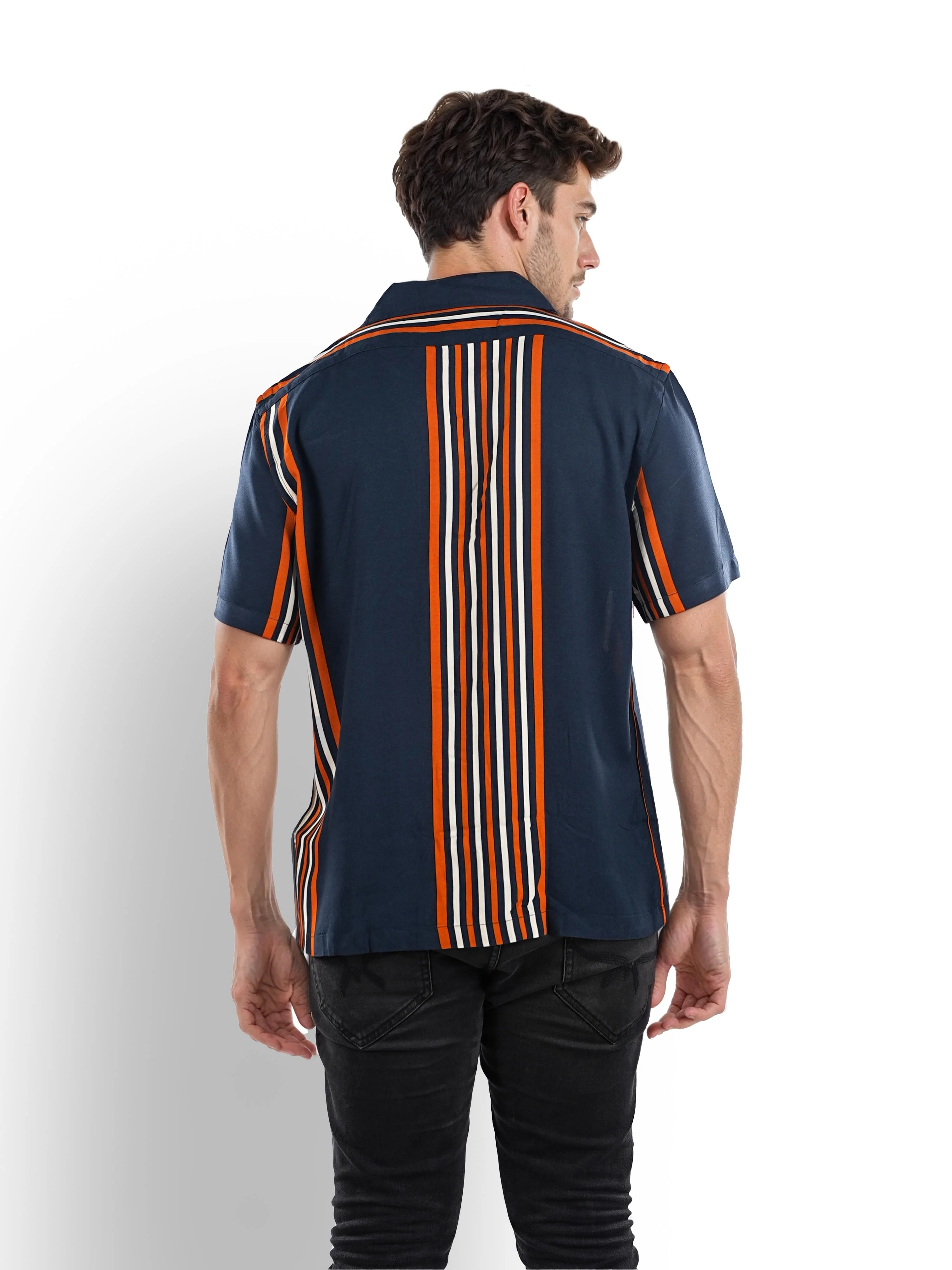 Celio* Striped Regular Fit Viscose Navy Blue Shirts - Image 3