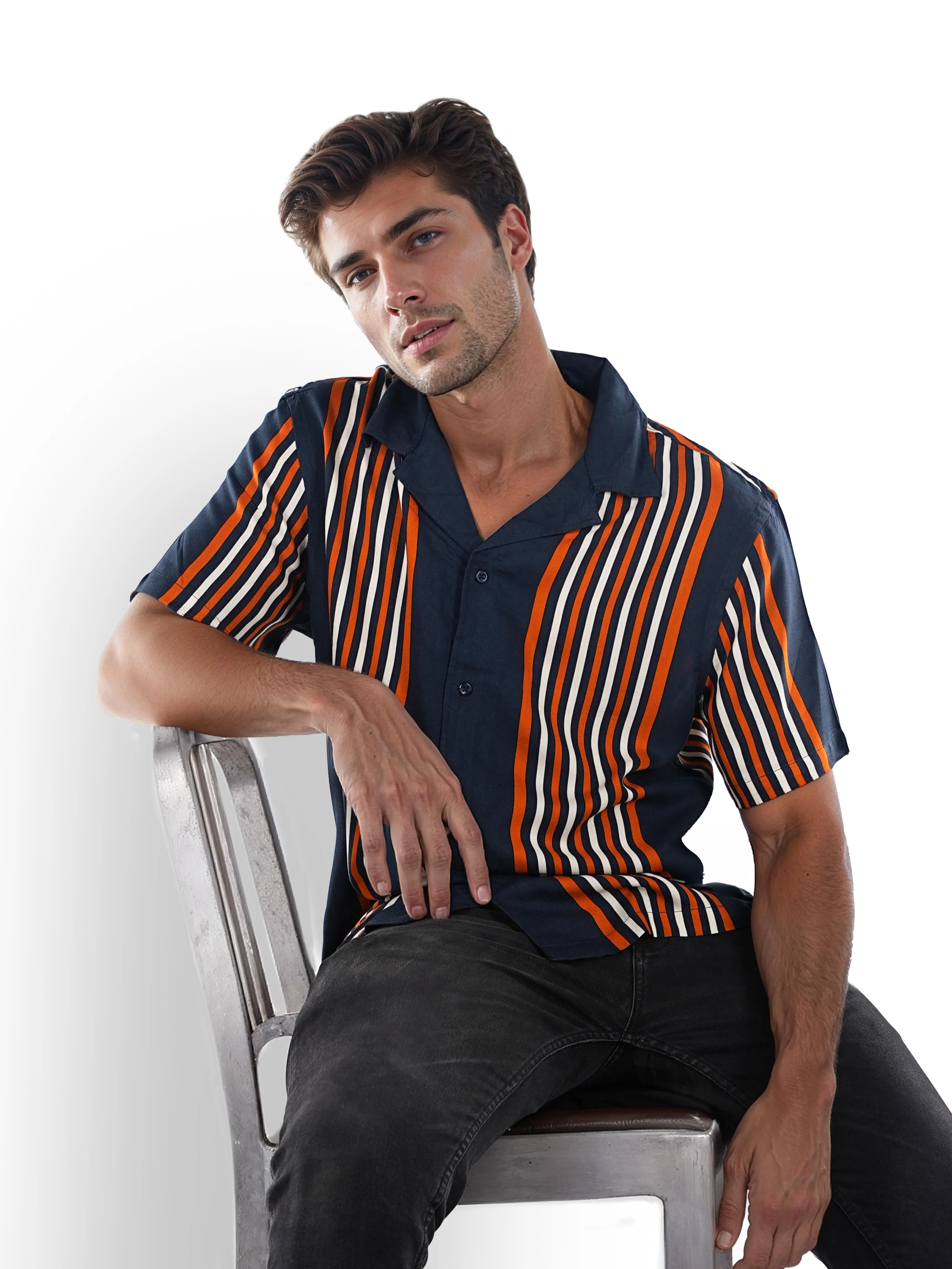 Celio* Striped Regular Fit Viscose Navy Blue Shirts - Image 4