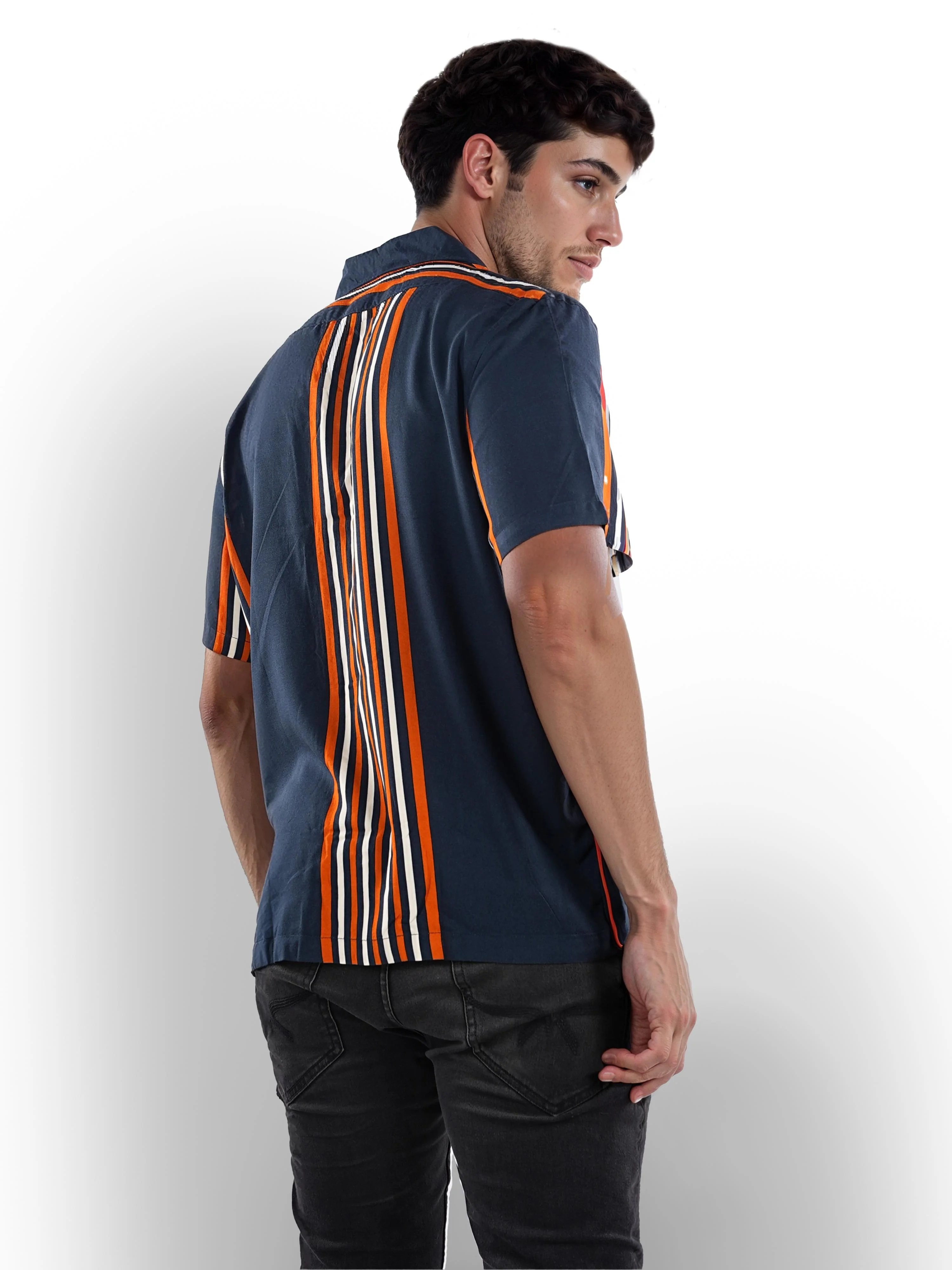 Celio* Striped Regular Fit Viscose Navy Blue Shirts - Image 5