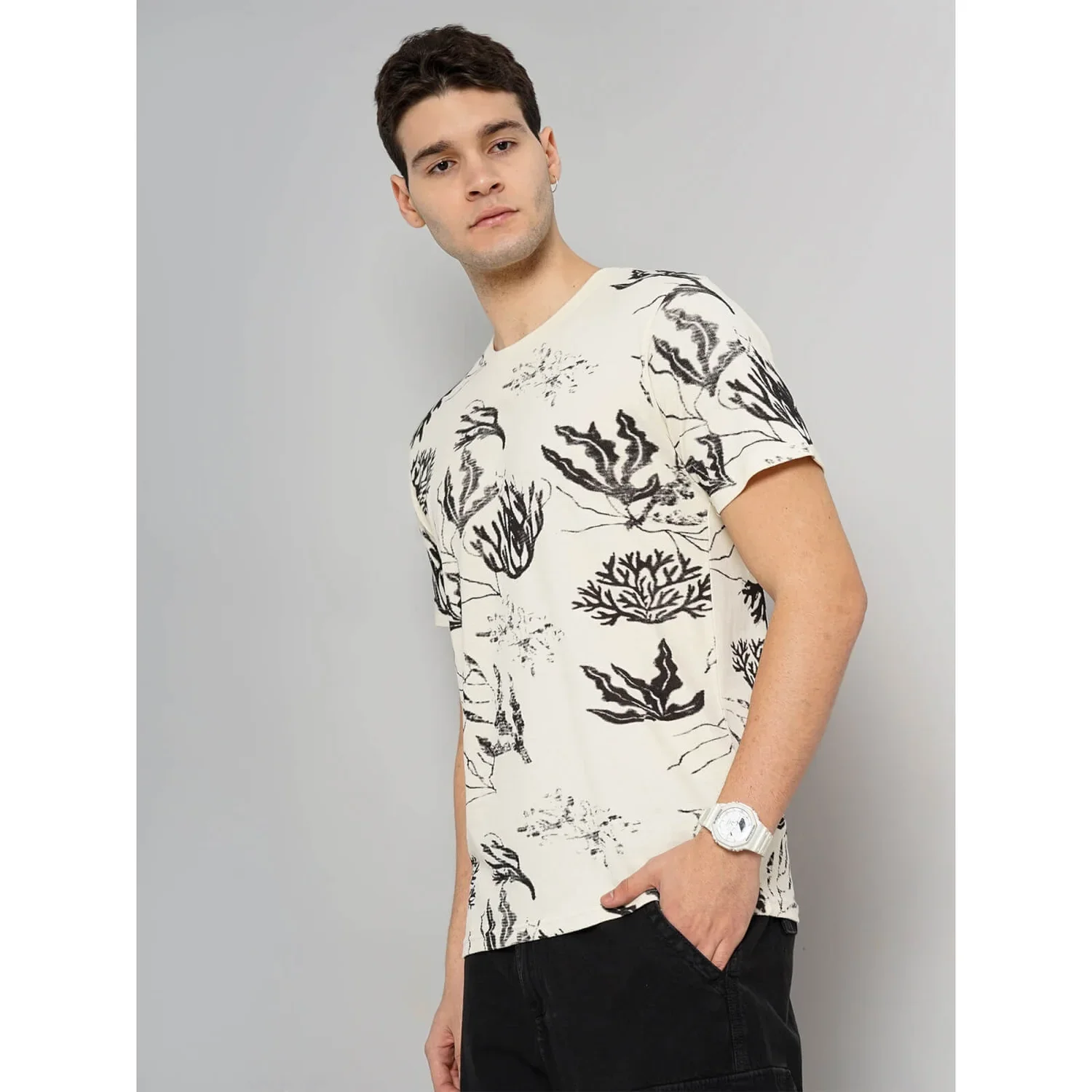 Celio* Printed Regular Fit Cotton Cream T-Shirt - Image 3