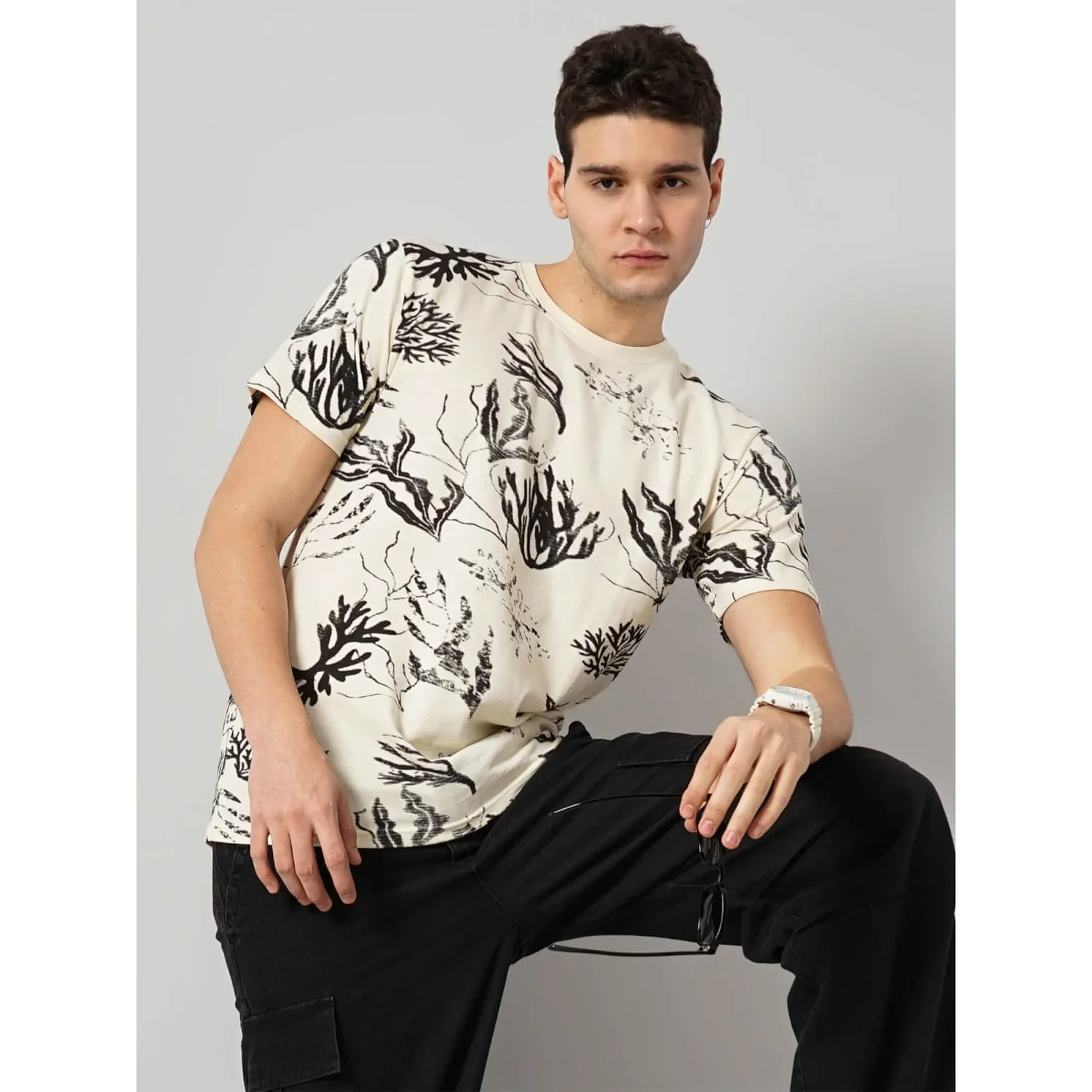 Celio* Printed Regular Fit Cotton Cream T-Shirt - Image 6