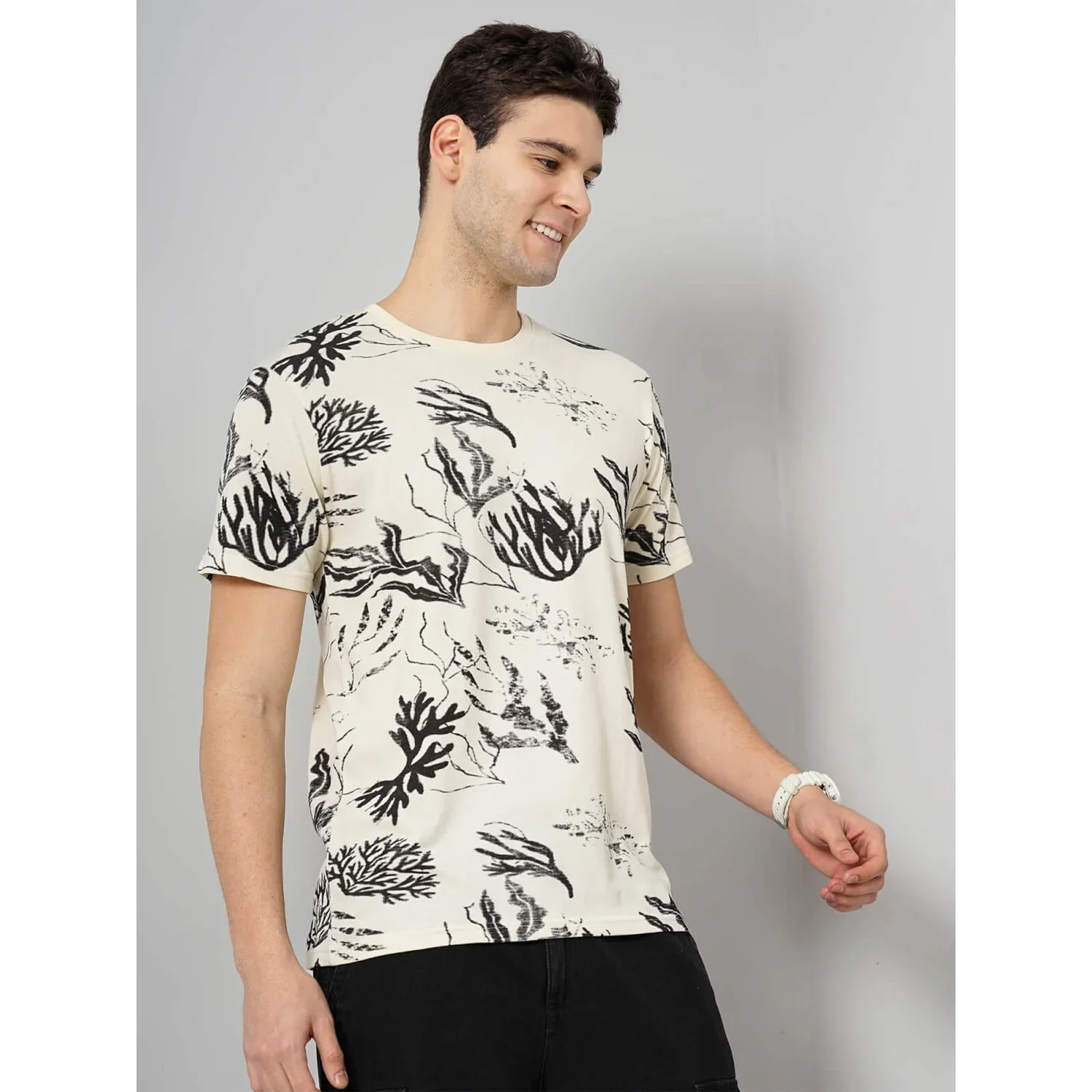 Celio* Printed Regular Fit Cotton Cream T-Shirt - Image 7