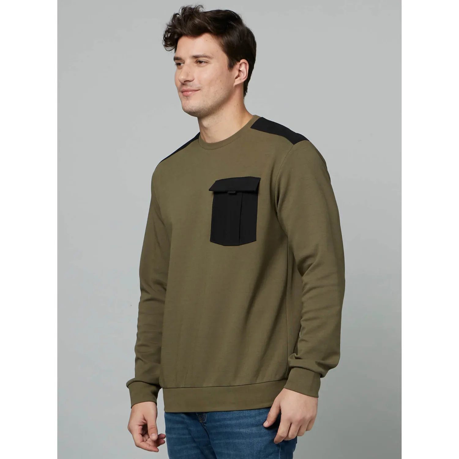 Celio* Solid Regular Fit Cotton-Blend Olive Sweatshirt - Image 3