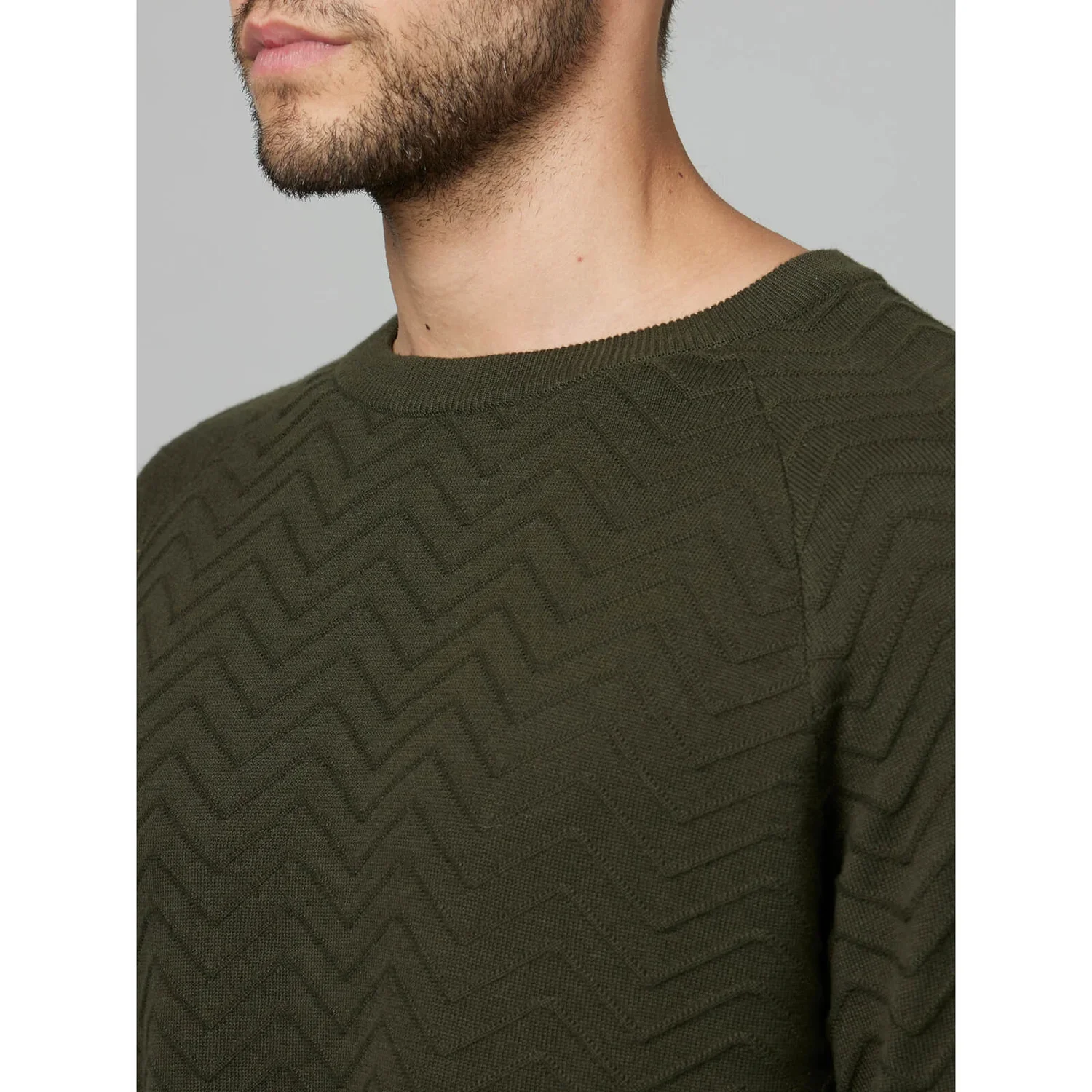 Celio* Textured Regular Fit Cotton Olive Sweater - Image 3