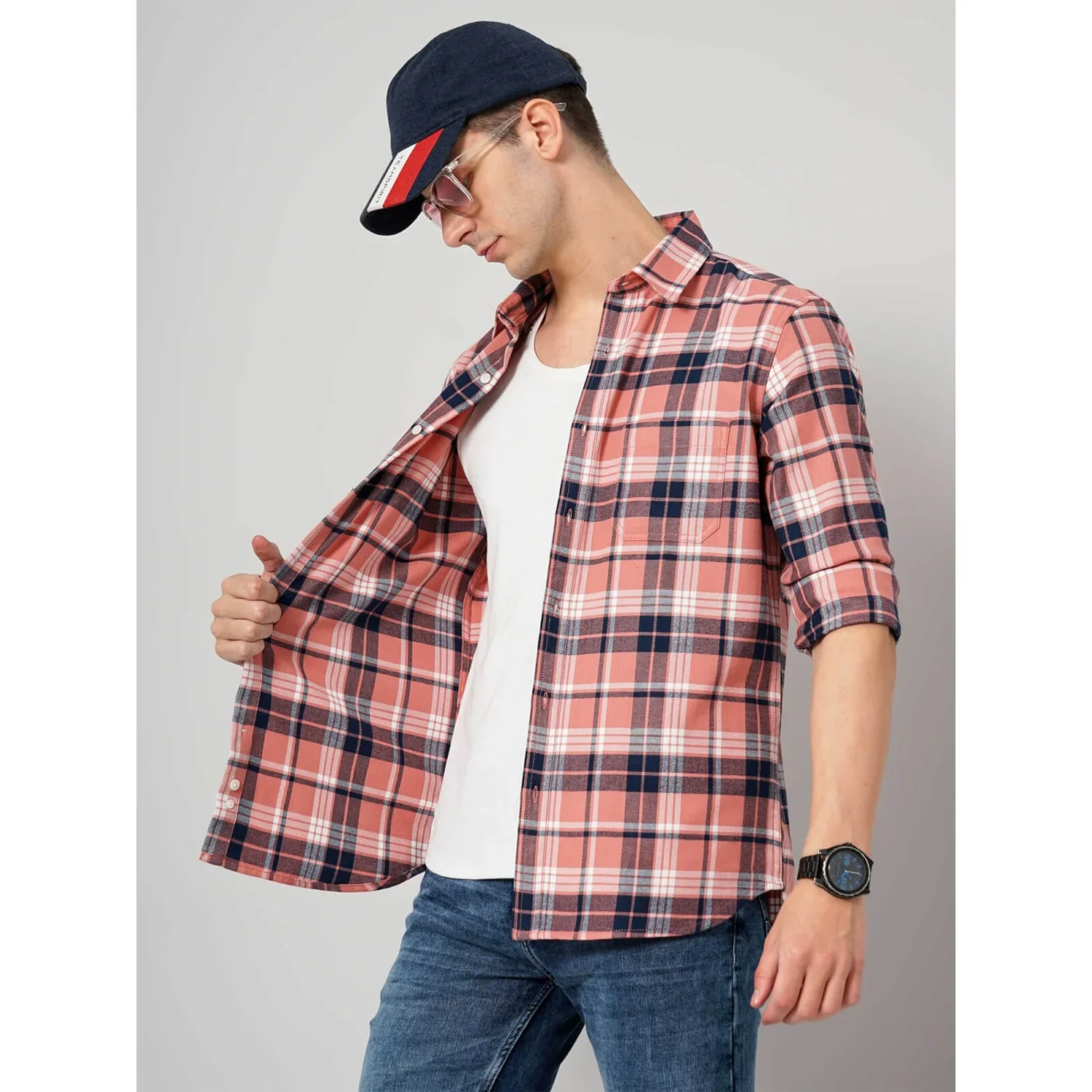 Celio* Checked Regular Fit Cotton Pink Shirt - Image 3