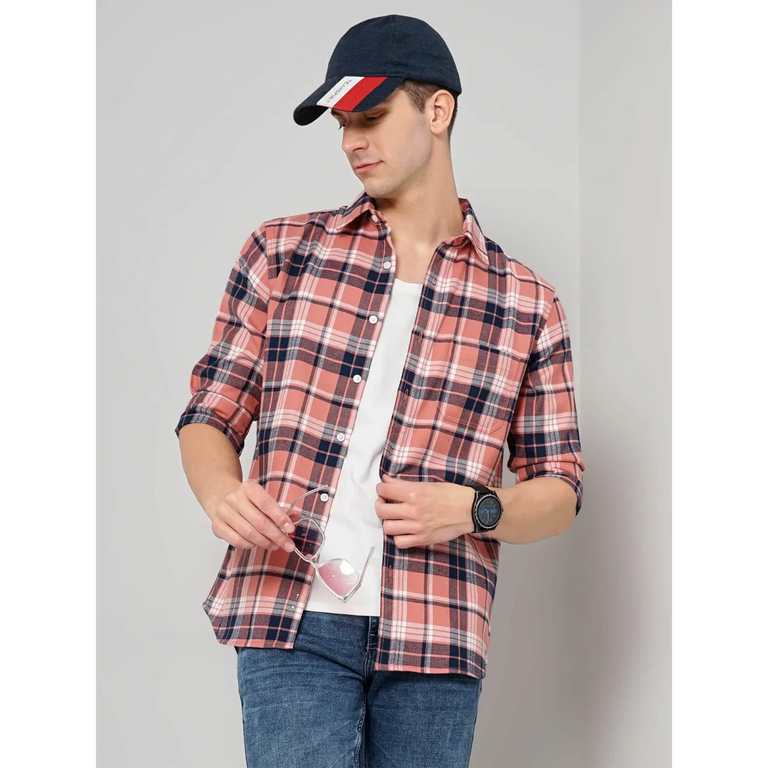 Celio* Checked Regular Fit Cotton Pink Shirt - Image 6