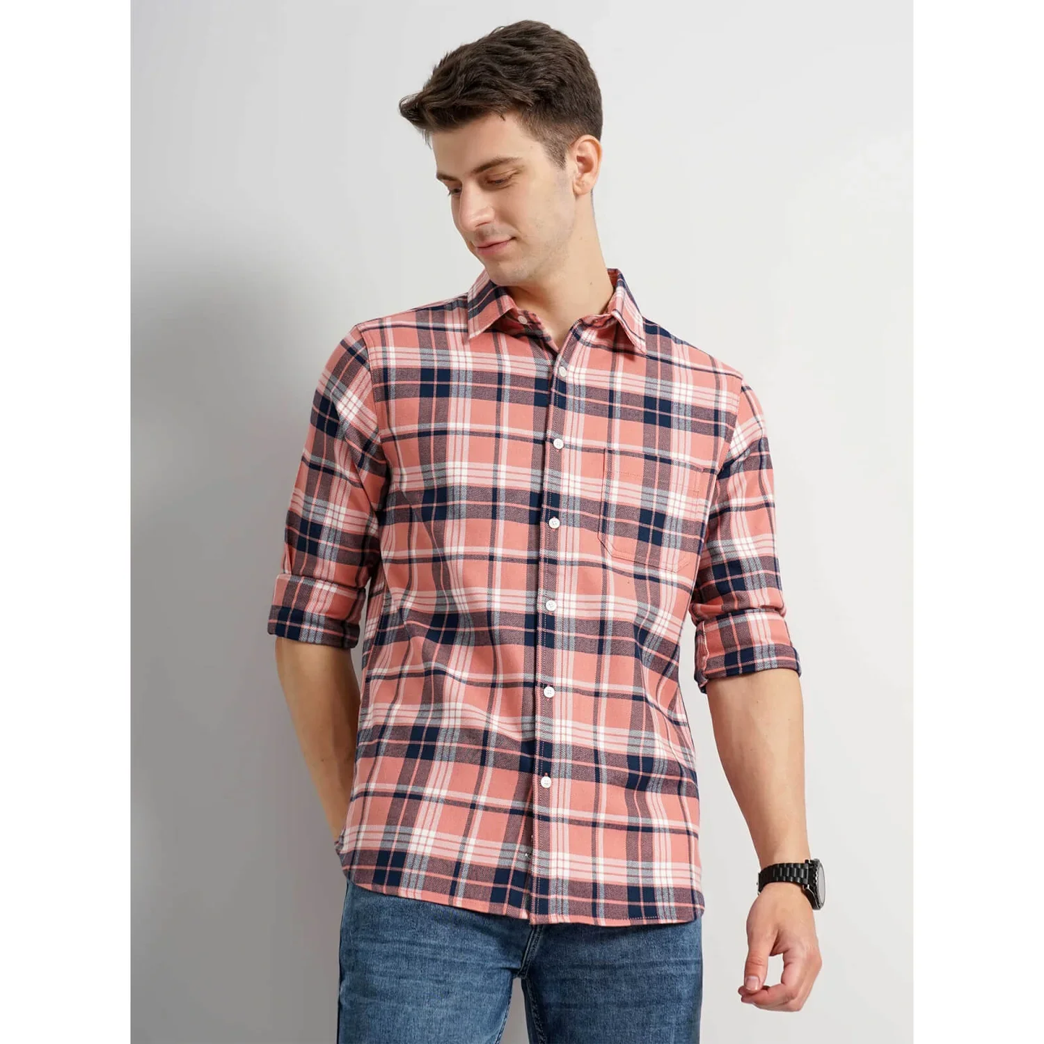 Celio* Checked Regular Fit Cotton Pink Shirt - Image 8