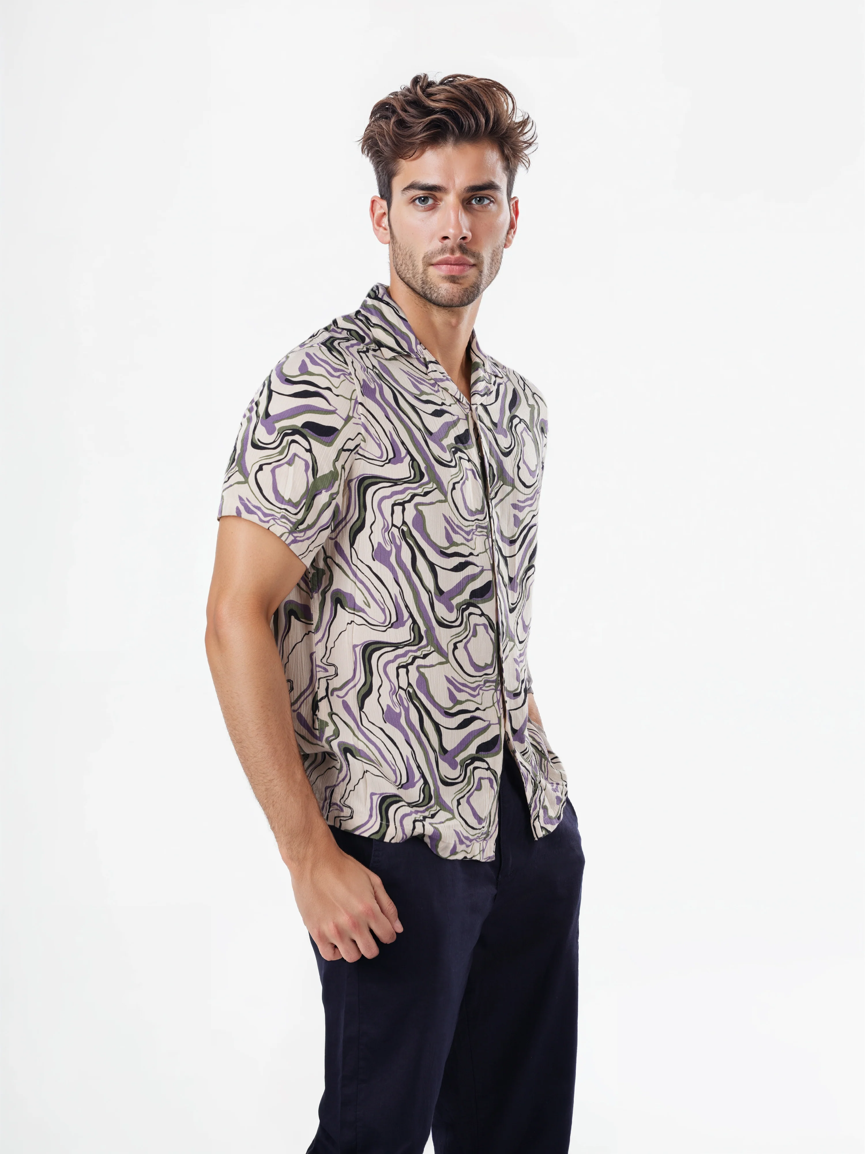 Celio* Printed Regular Fit Viscose Purple Shirts - Image 5