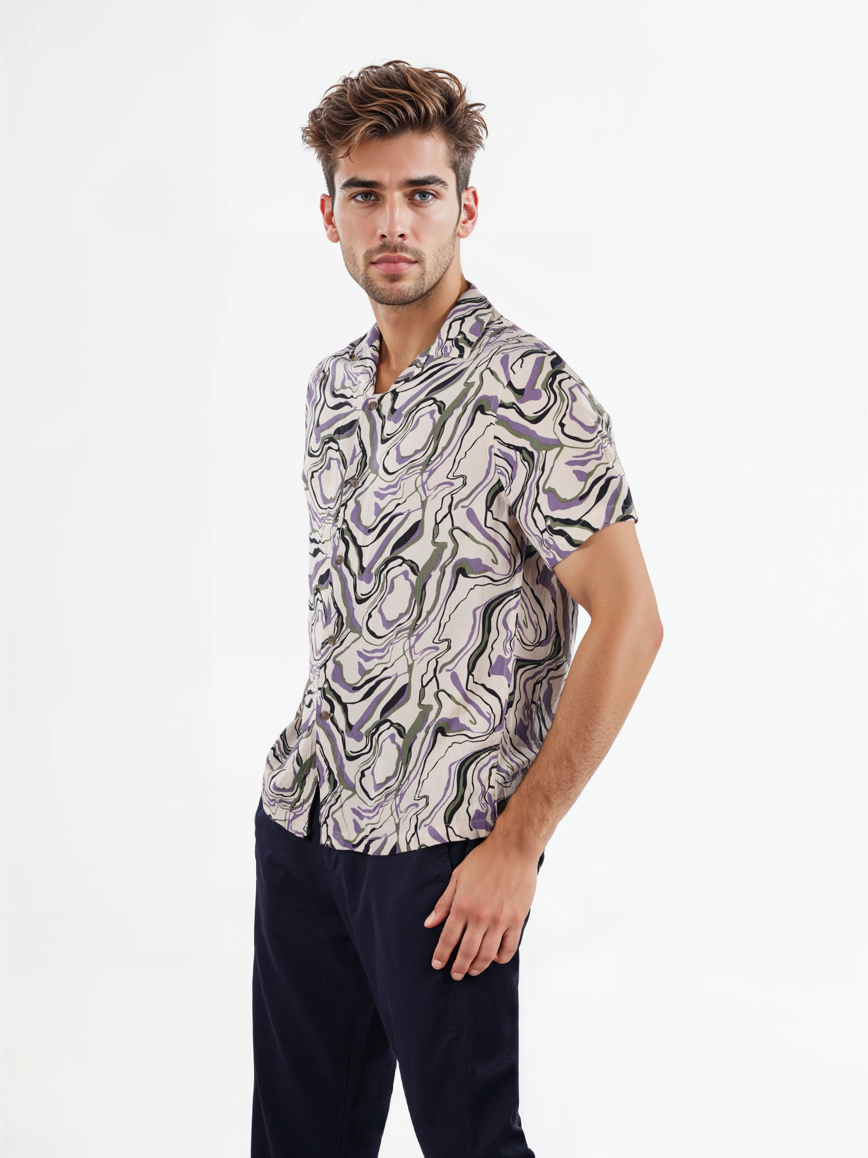 Celio* Printed Regular Fit Viscose Purple Shirts - Image 6