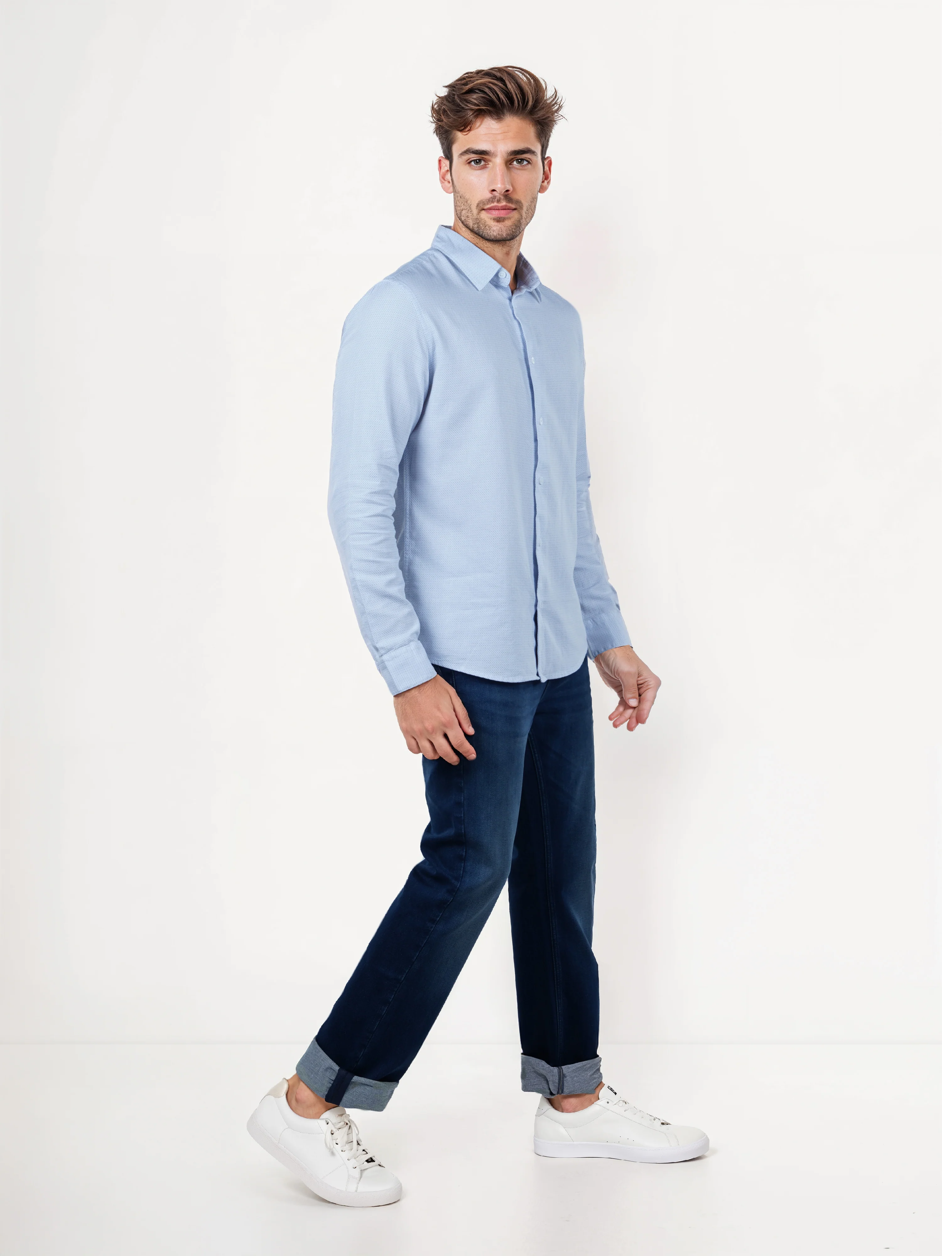 Celio* Solid Regular Fit Cotton Light Blue Shirts - Image 6