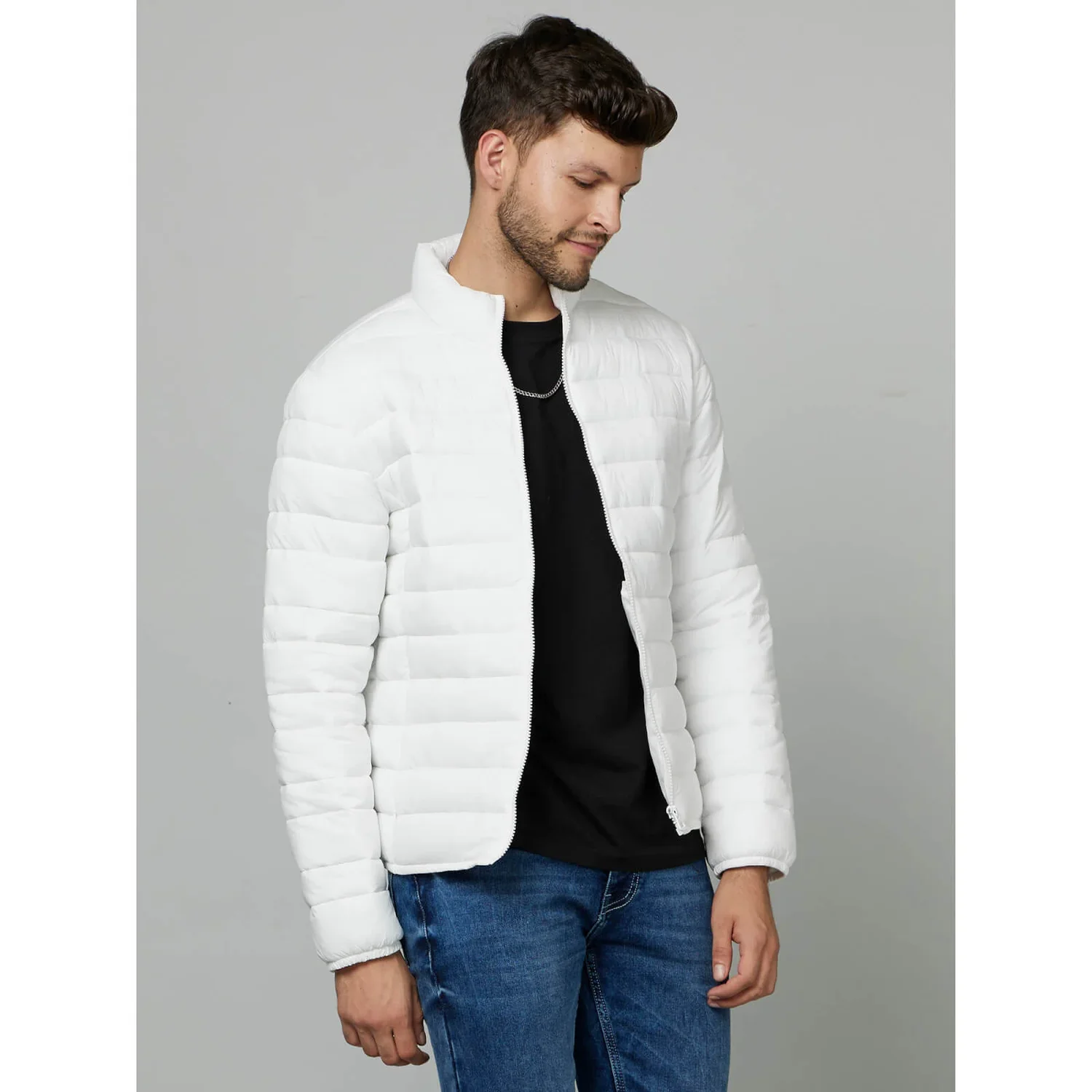 Celio* Solid Regular Fit Polymer White Jacket - Image 3